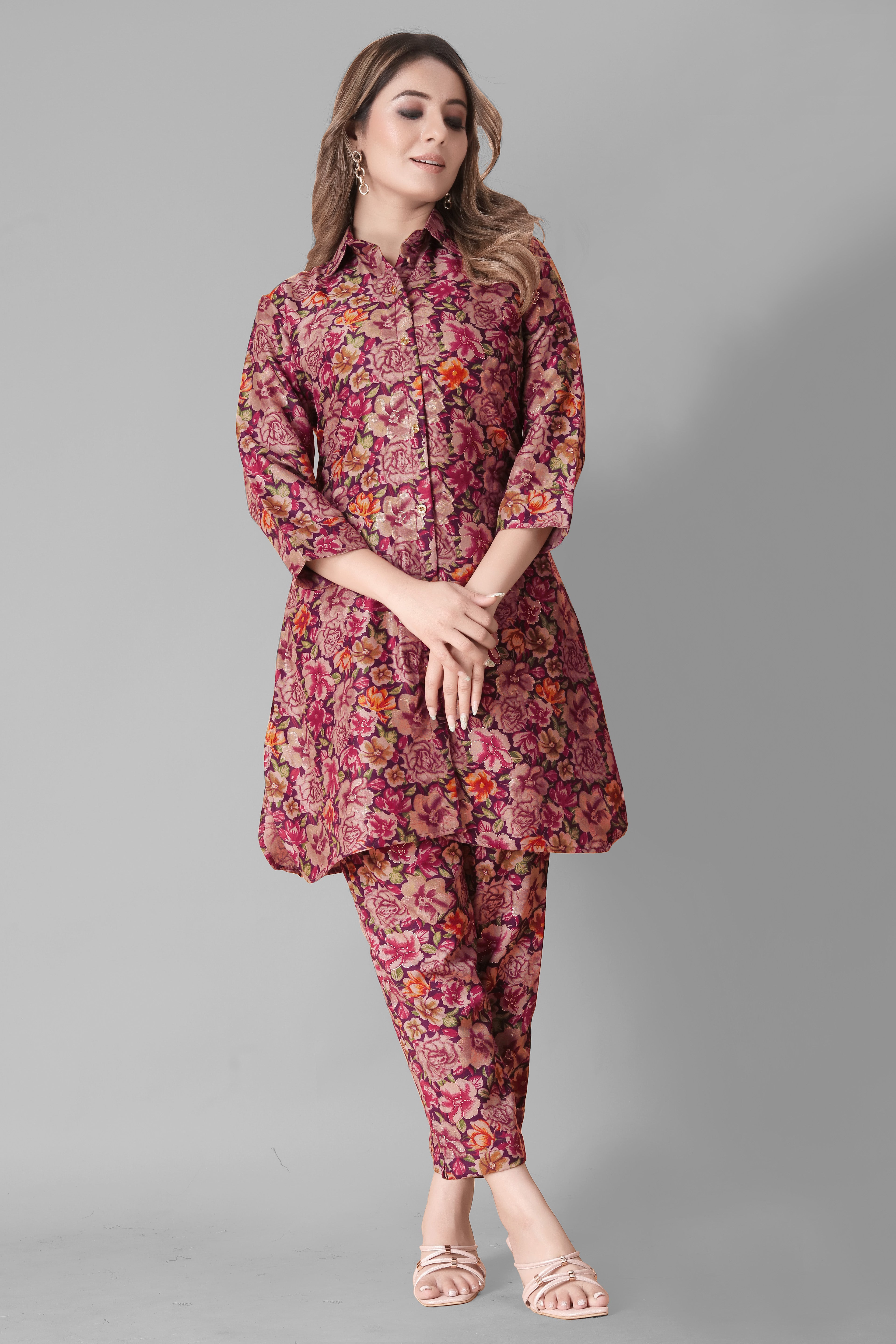 Women Floral Printed Co-ord Set | Button-Down Kurti with Pants | Stylish Ethnic Western Fusion Outfit