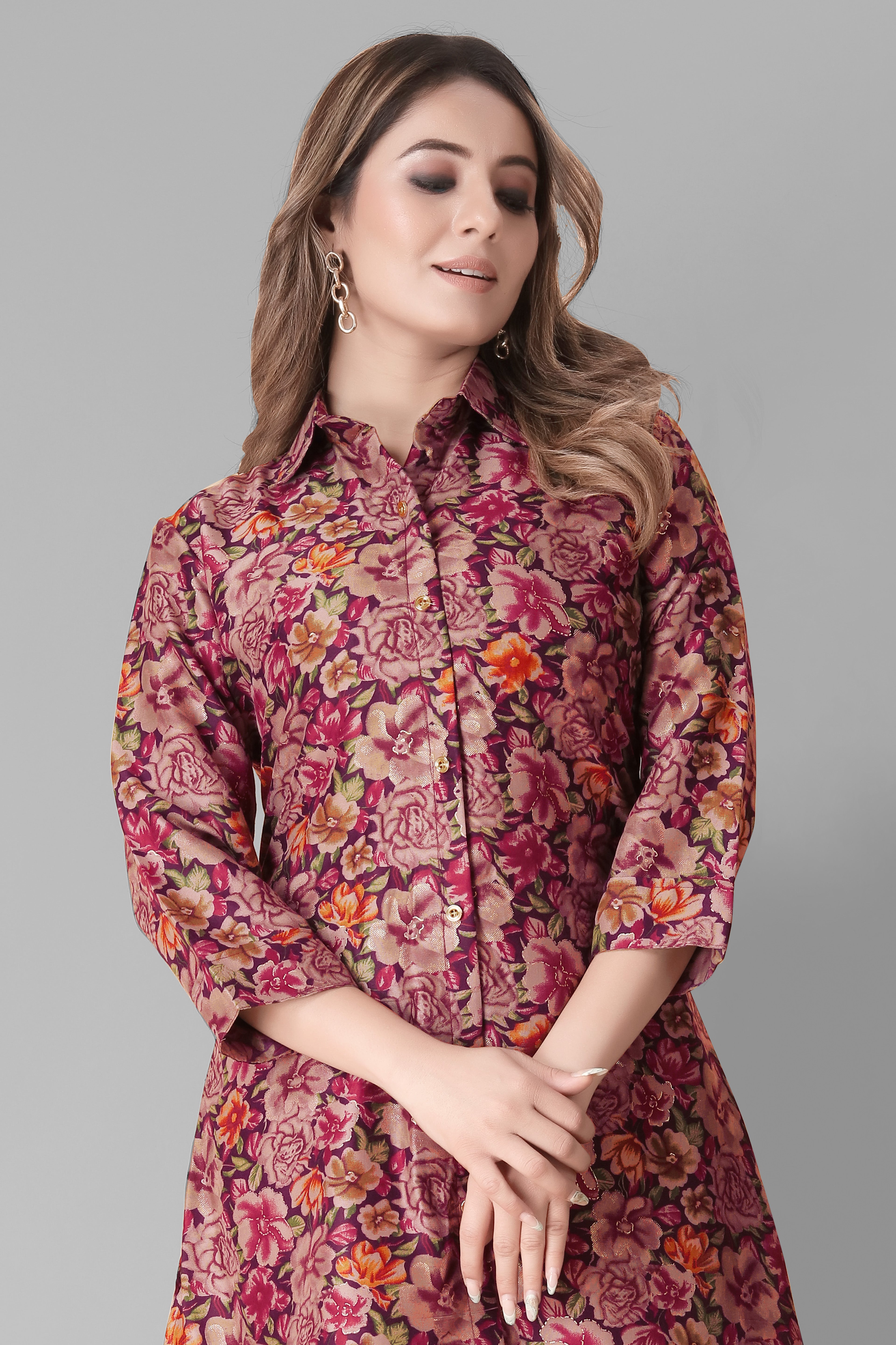 Women Floral Printed Co-ord Set | Button-Down Kurti with Pants | Stylish Ethnic Western Fusion Outfit