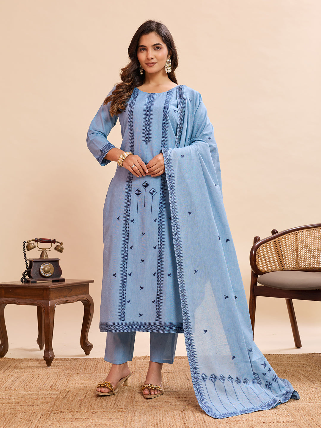 Women’s Elegant Sky Blue Embroidered Kurta Set with Dupatta