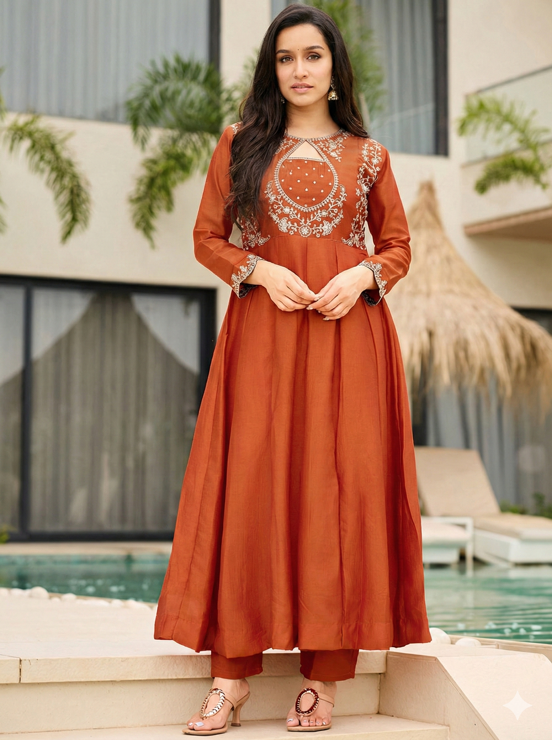 Women’s Elegant Rust Orange Embroidered Kurta Set with Dupatta