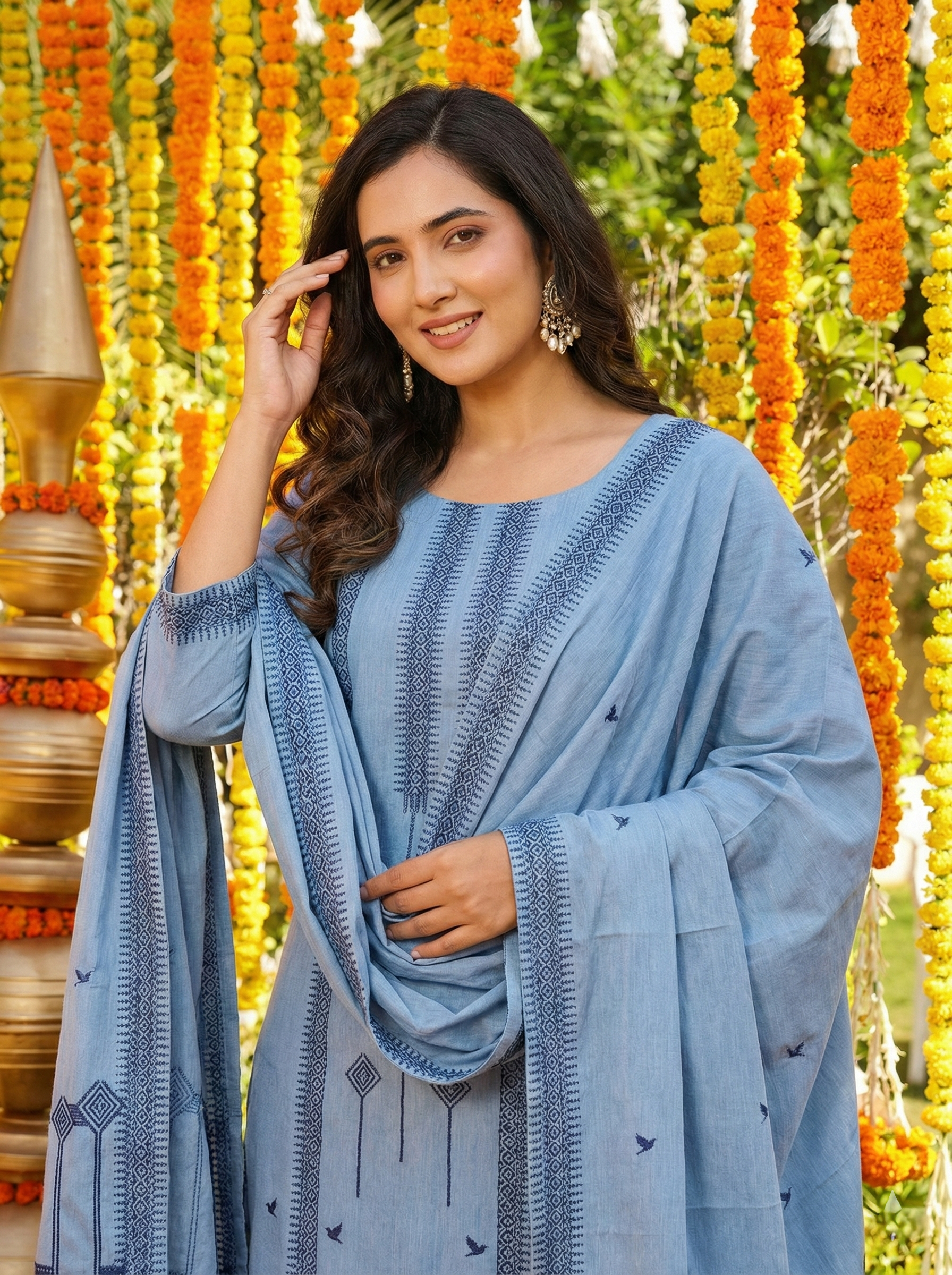 Women’s Elegant Sky Blue Embroidered Kurta Set with Dupatta