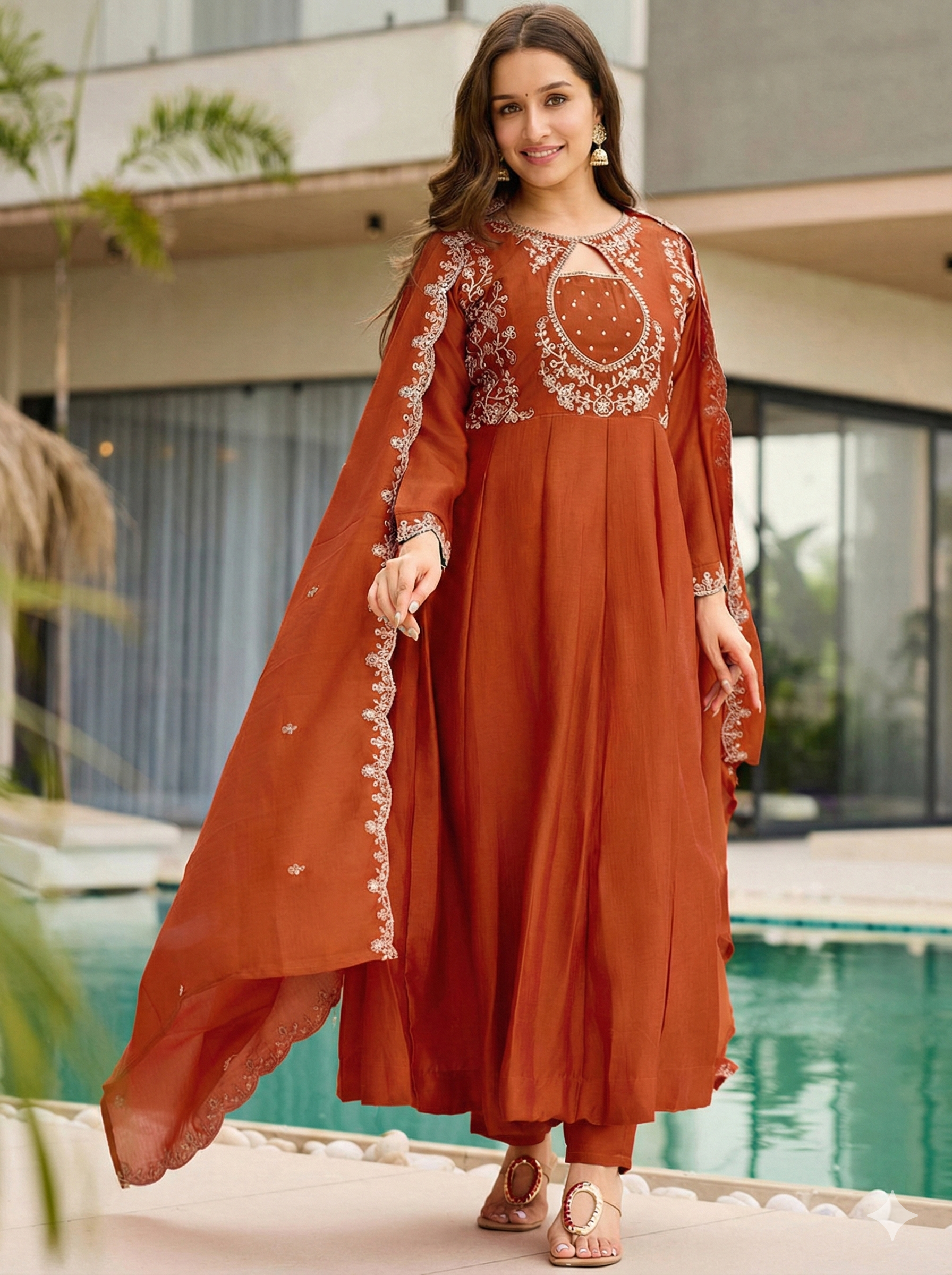 Women’s Elegant Rust Orange Embroidered Kurta Set with Dupatta