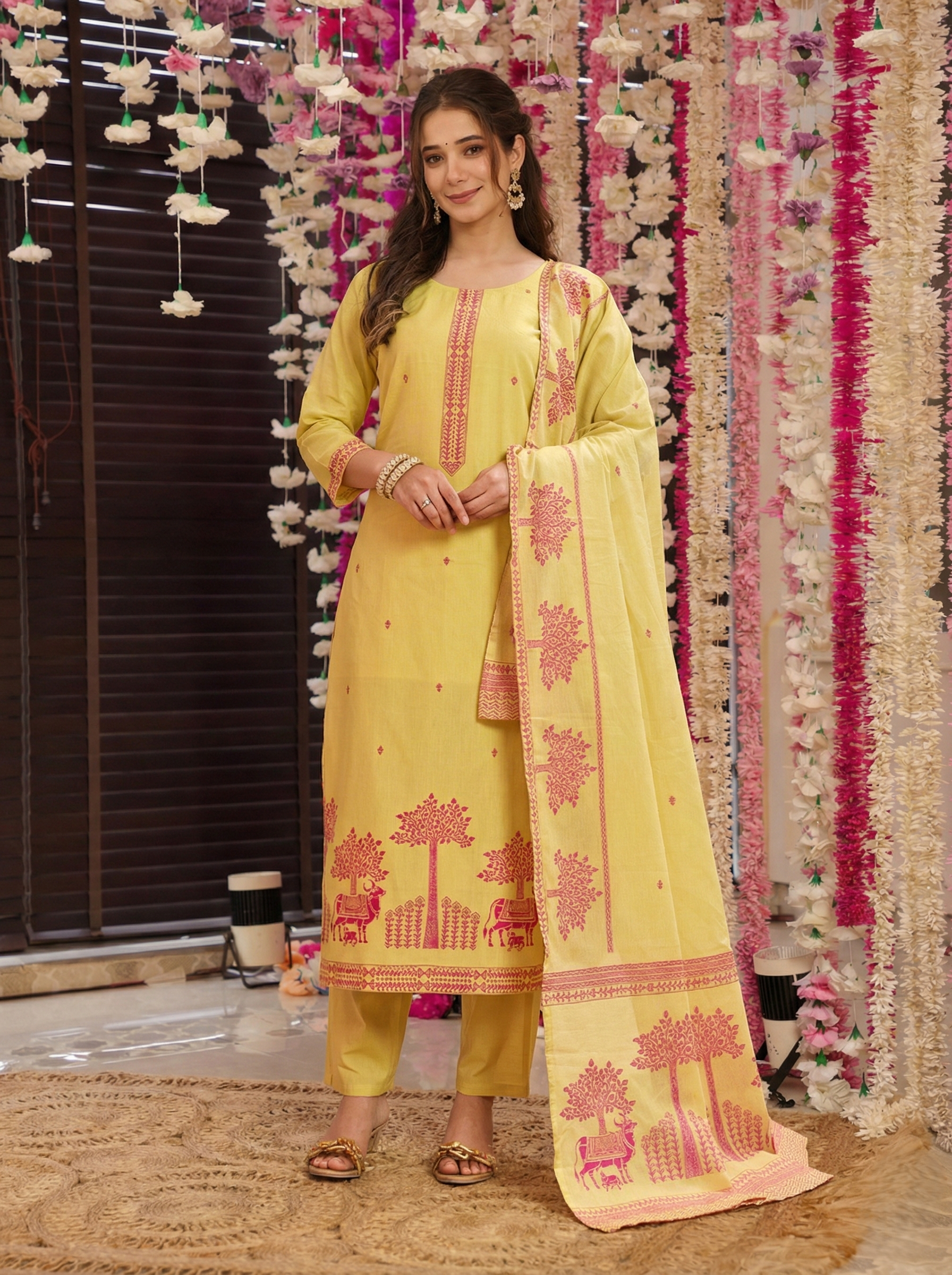 Women Cotton Printed Kurta Pant Dupatta Set (3 Piece Set)