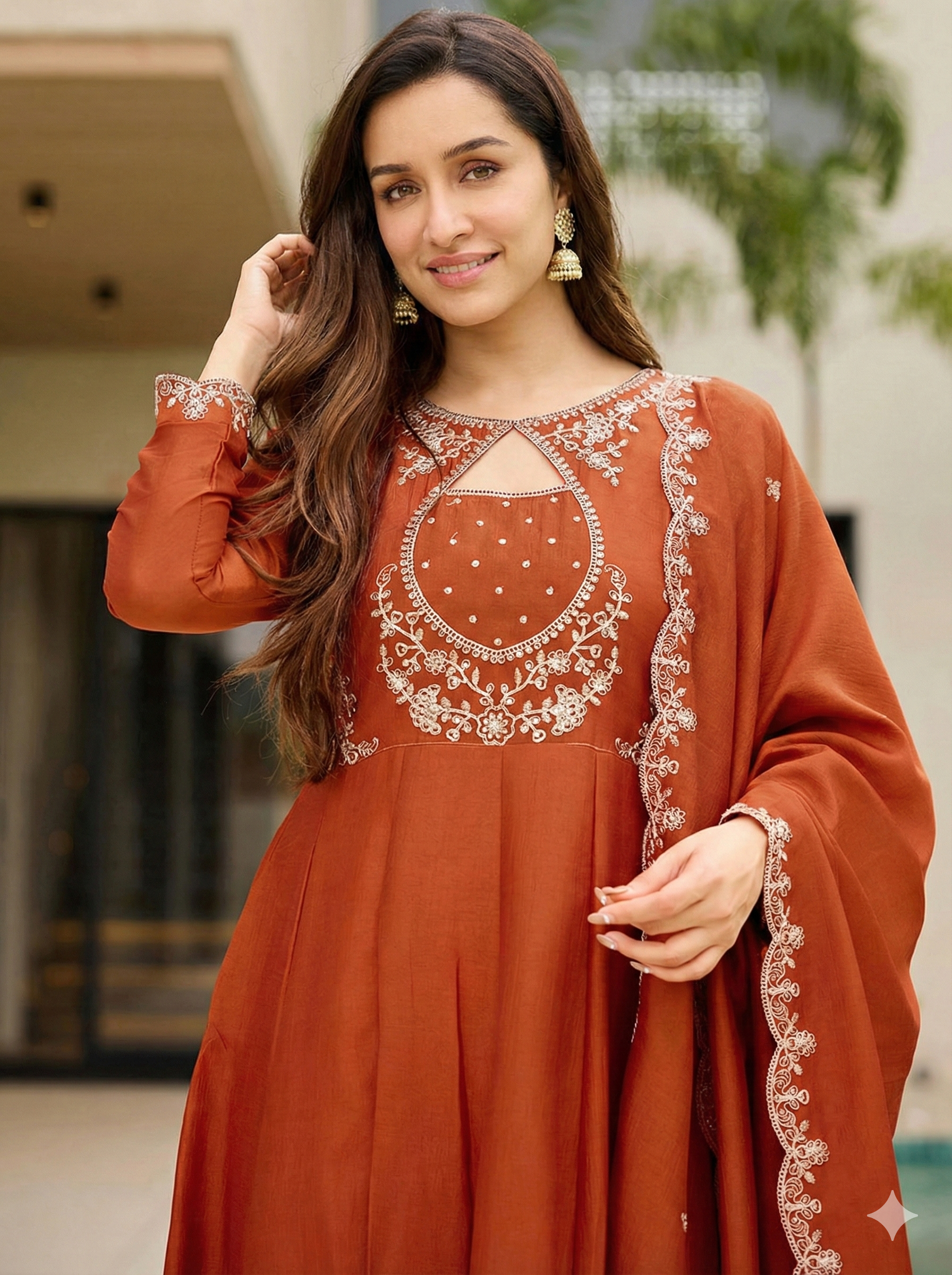 Women’s Elegant Rust Orange Embroidered Kurta Set with Dupatta