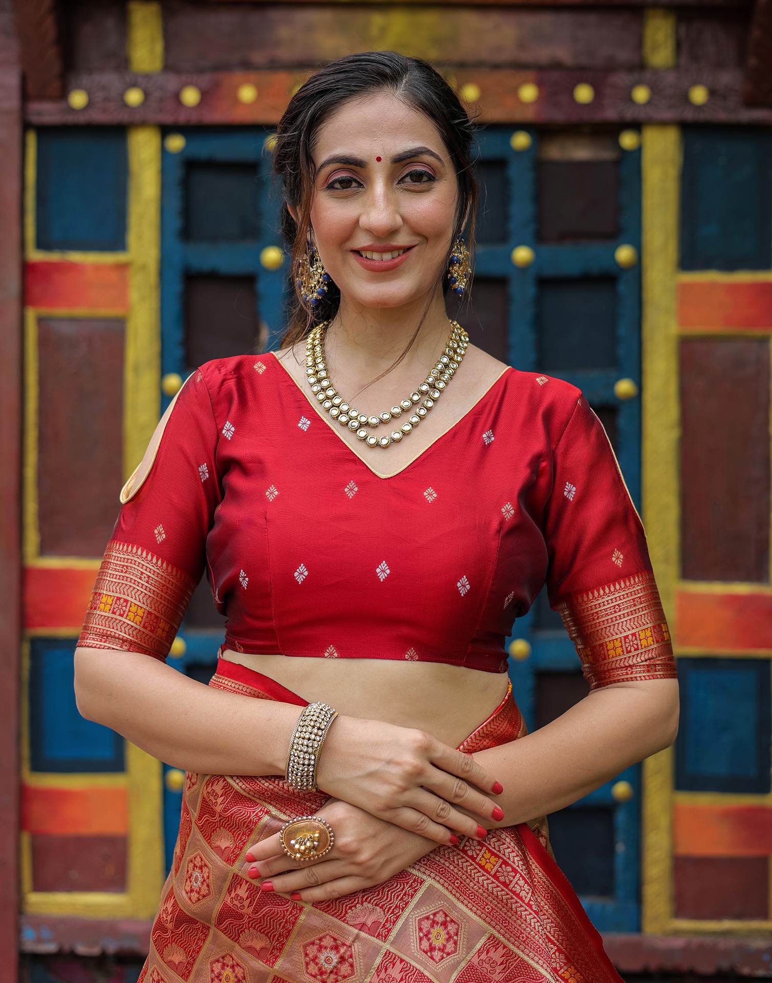 “Timeless Elegance: Vibrant Silk Saree Adorned with Floral & Geometric Embroidery”