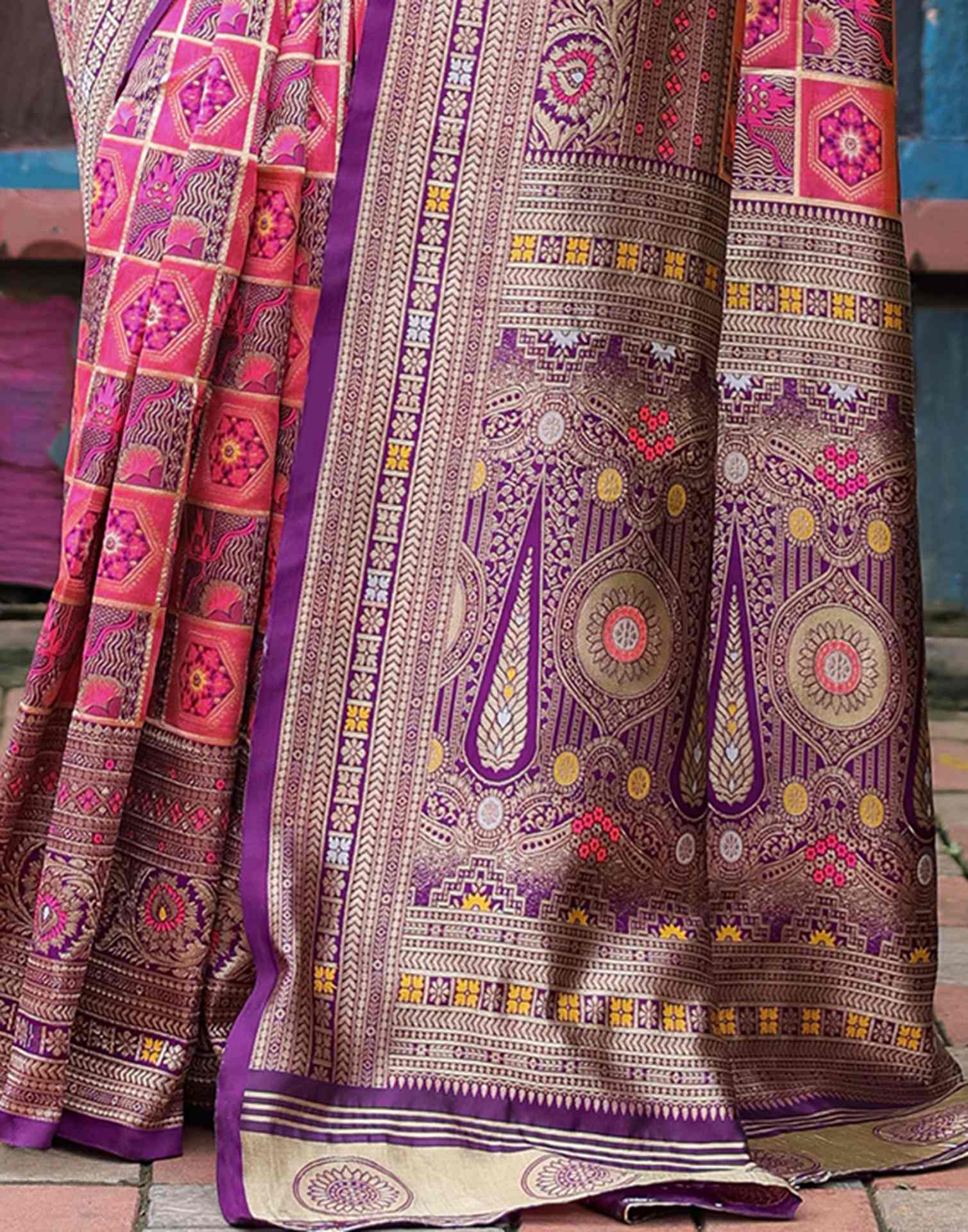 “Timeless Elegance: Vibrant Silk Saree Adorned with Floral & Geometric Embroidery”