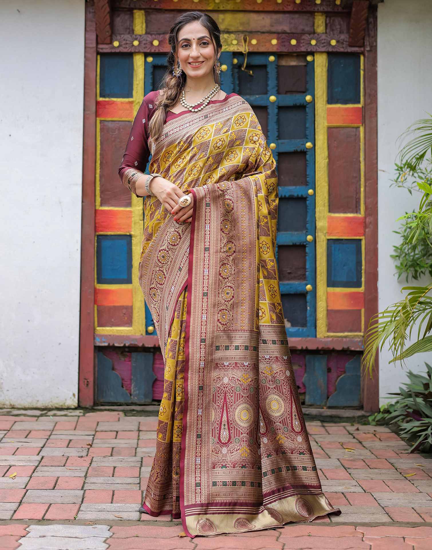 “Timeless Elegance: Vibrant Silk Saree Adorned with Floral & Geometric Embroidery”