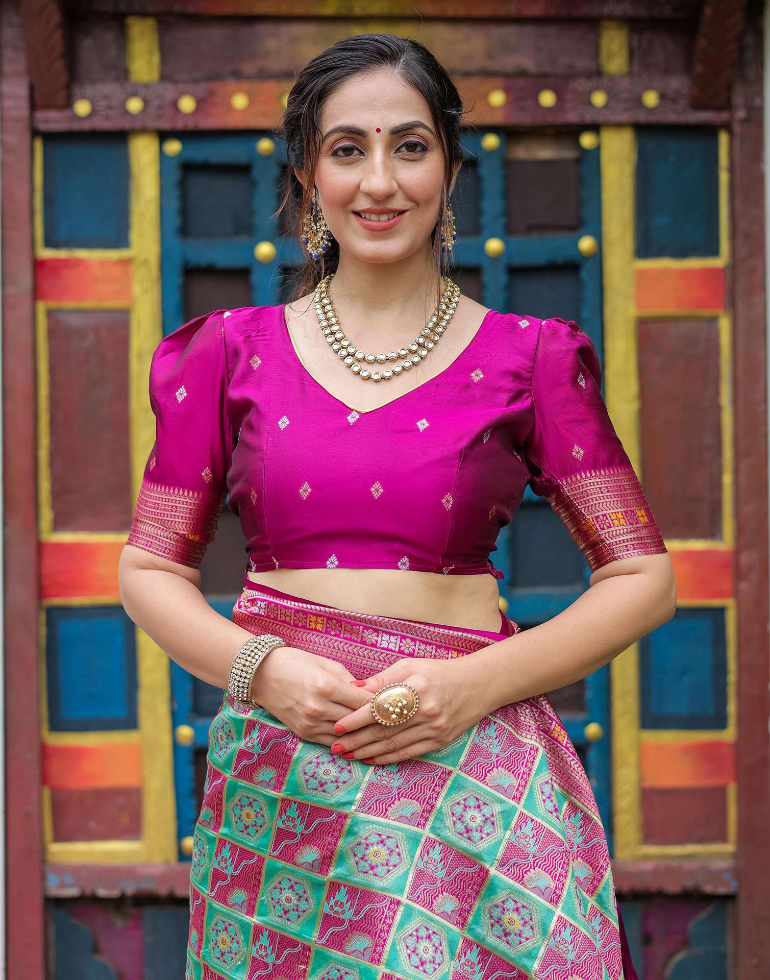 “Timeless Elegance: Vibrant Silk Saree Adorned with Floral & Geometric Embroidery”