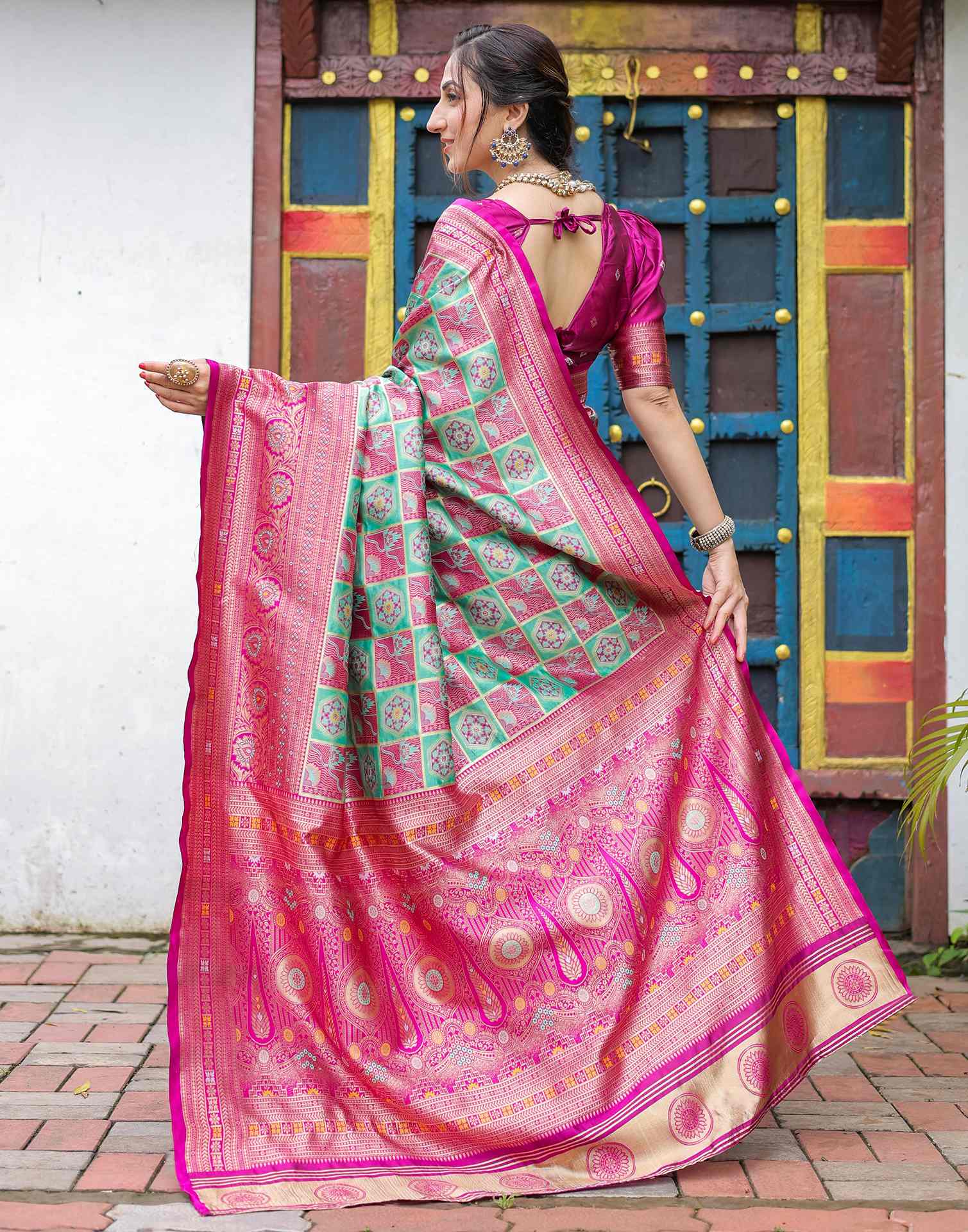 “Timeless Elegance: Vibrant Silk Saree Adorned with Floral & Geometric Embroidery”