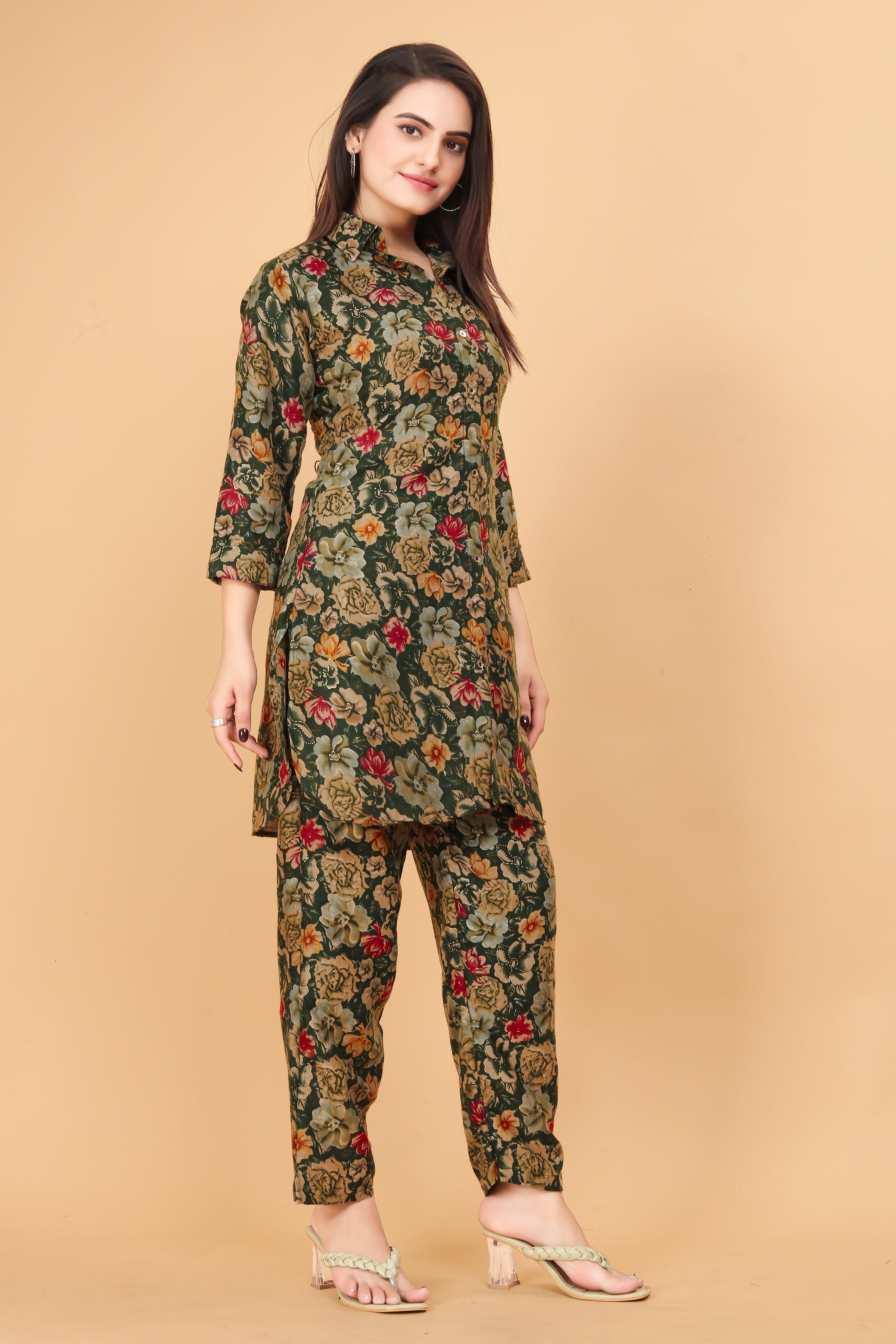 Women Floral Printed Co-ord Set | Button-Down Kurti with Pants | Stylish Ethnic Western Fusion Outfit