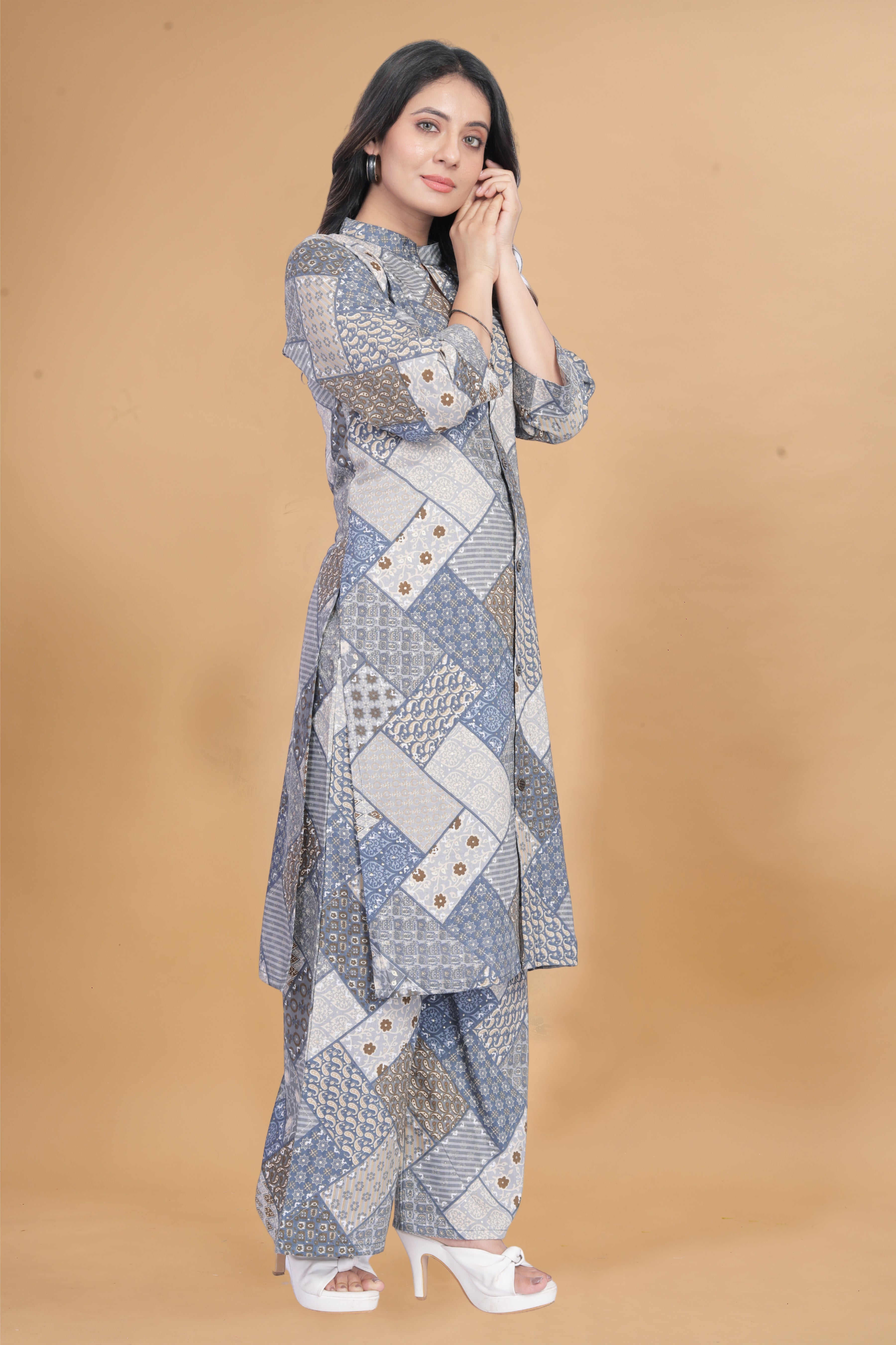 Women Blue & Grey Patchwork Printed Co-ord Set | Straight Kurti with Wide Leg Pants | Stylish Ethnic Fusion Wear