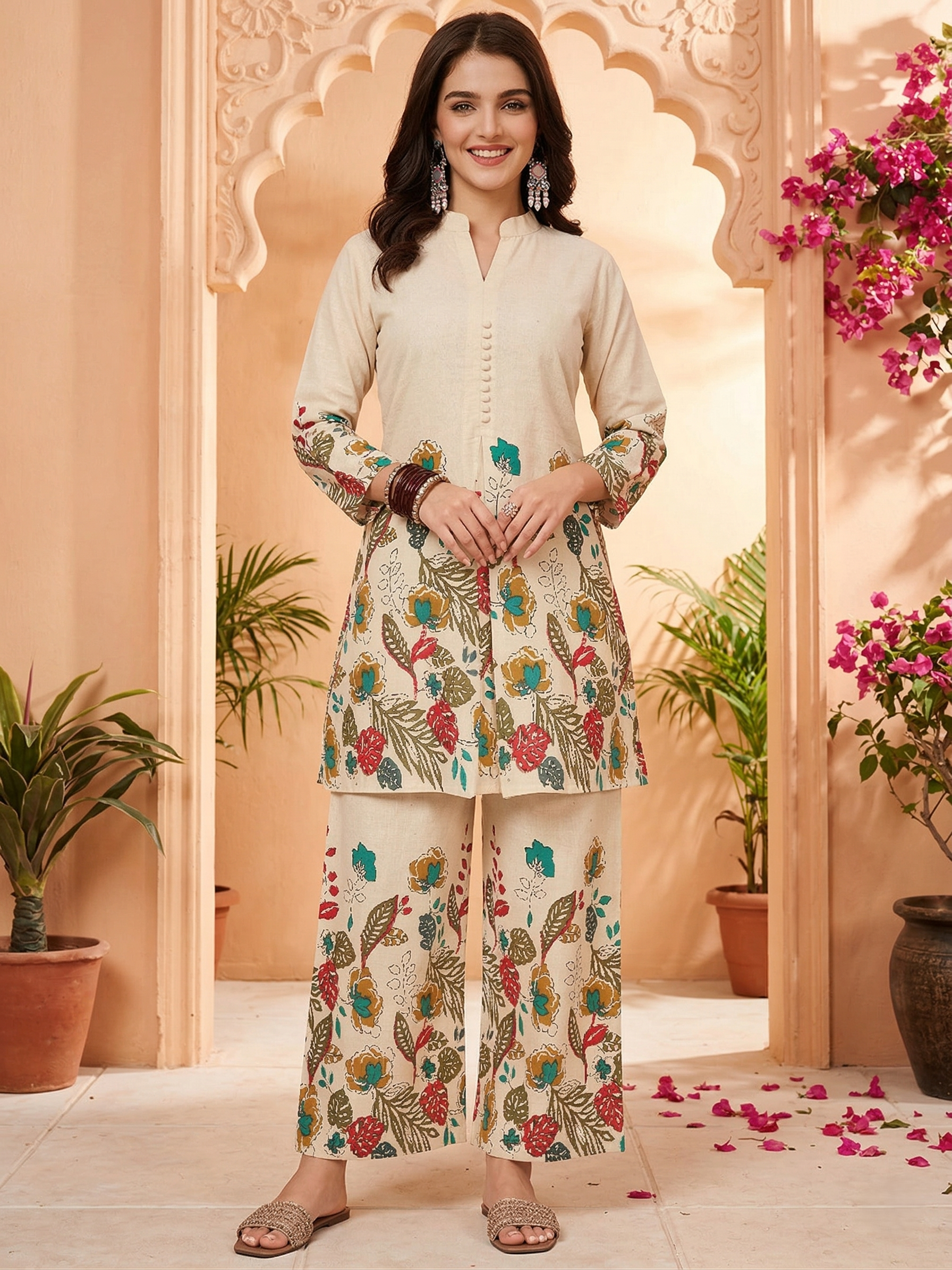 Women’s Cream Floral Printed Kurta Pant Co-ord Set