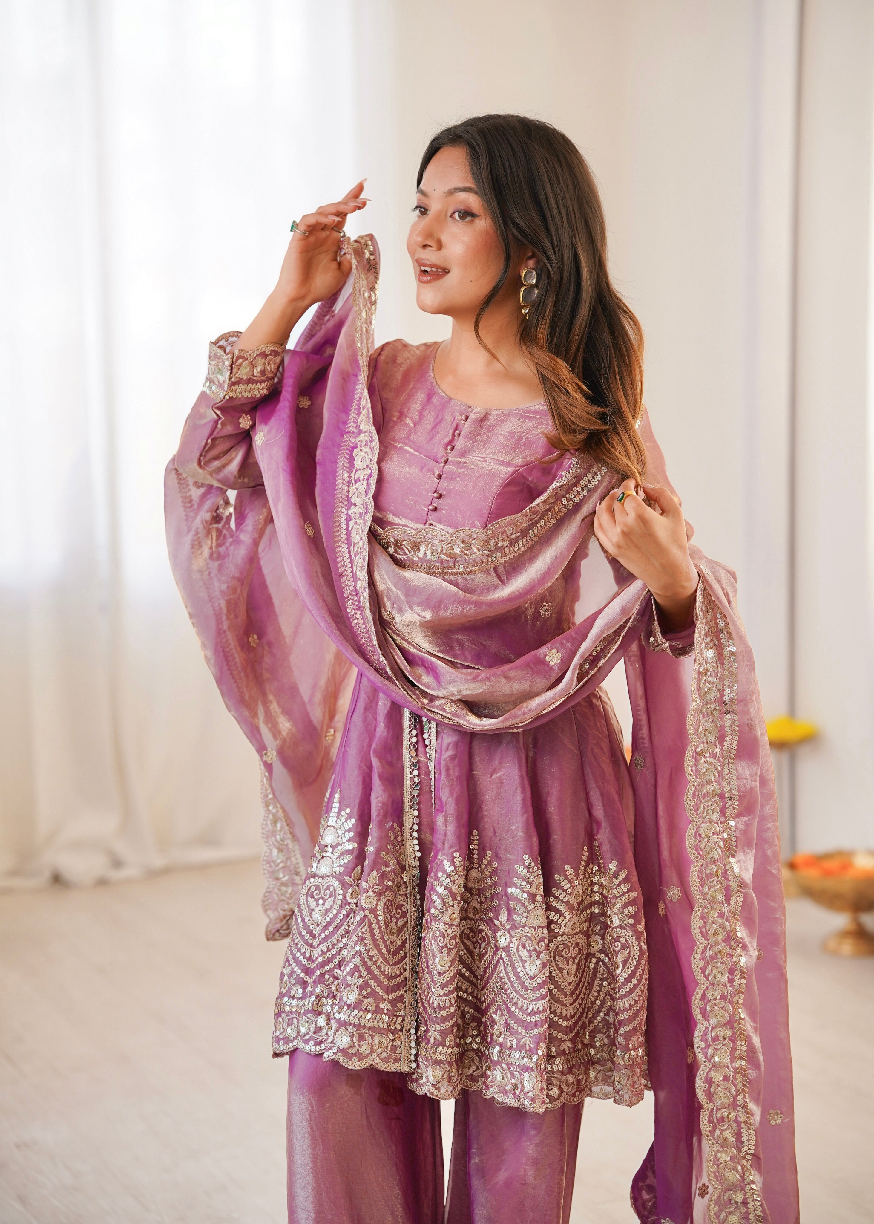 Women's Embroidered Palazzo Salwar Suit Set with Dupatta, Fendy Satin Silk, Sequin and Pearl Work, 3 Piece Ethnic Wear
