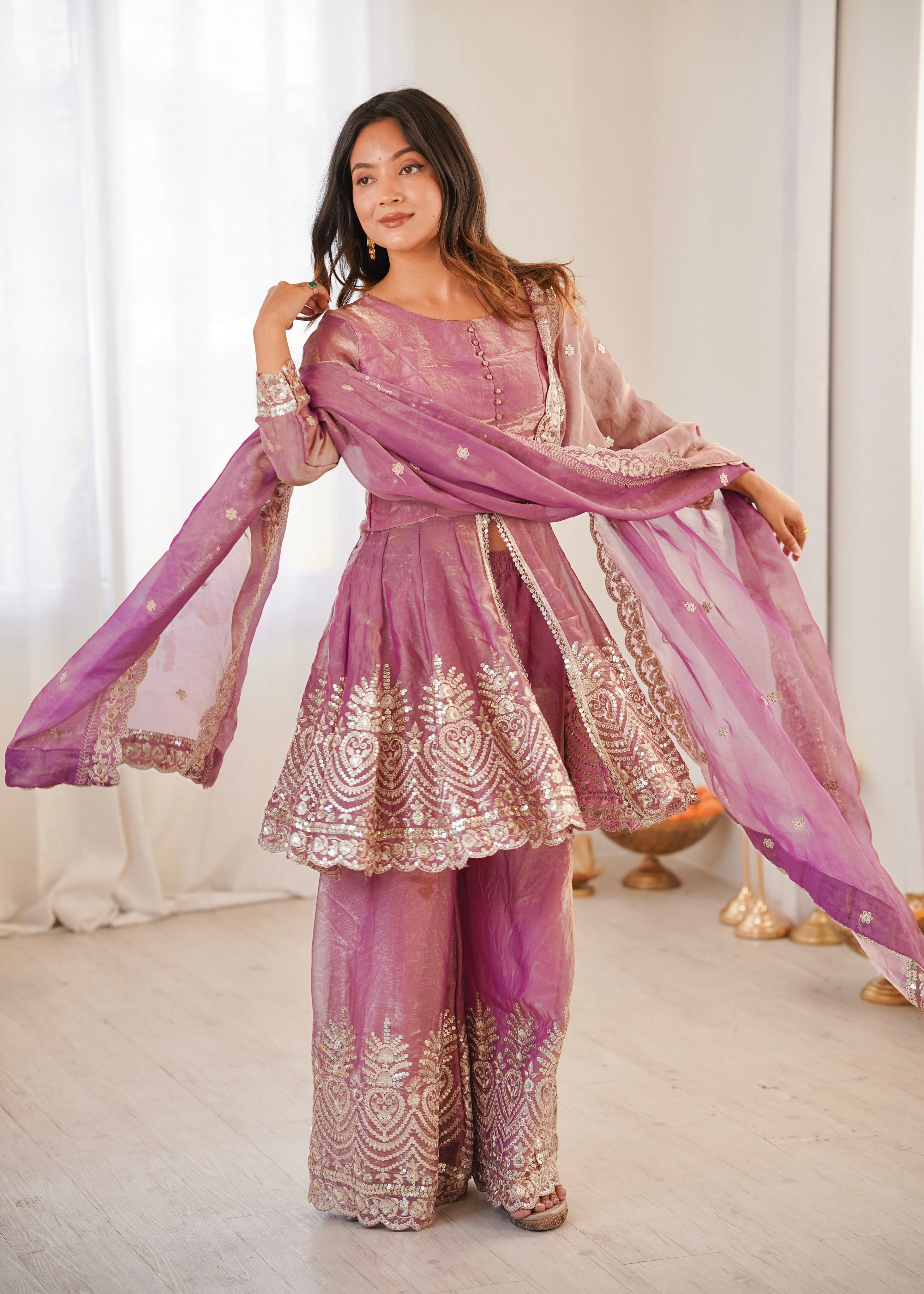 Women's Embroidered Palazzo Salwar Suit Set with Dupatta, Fendy Satin Silk, Sequin and Pearl Work, 3 Piece Ethnic Wear