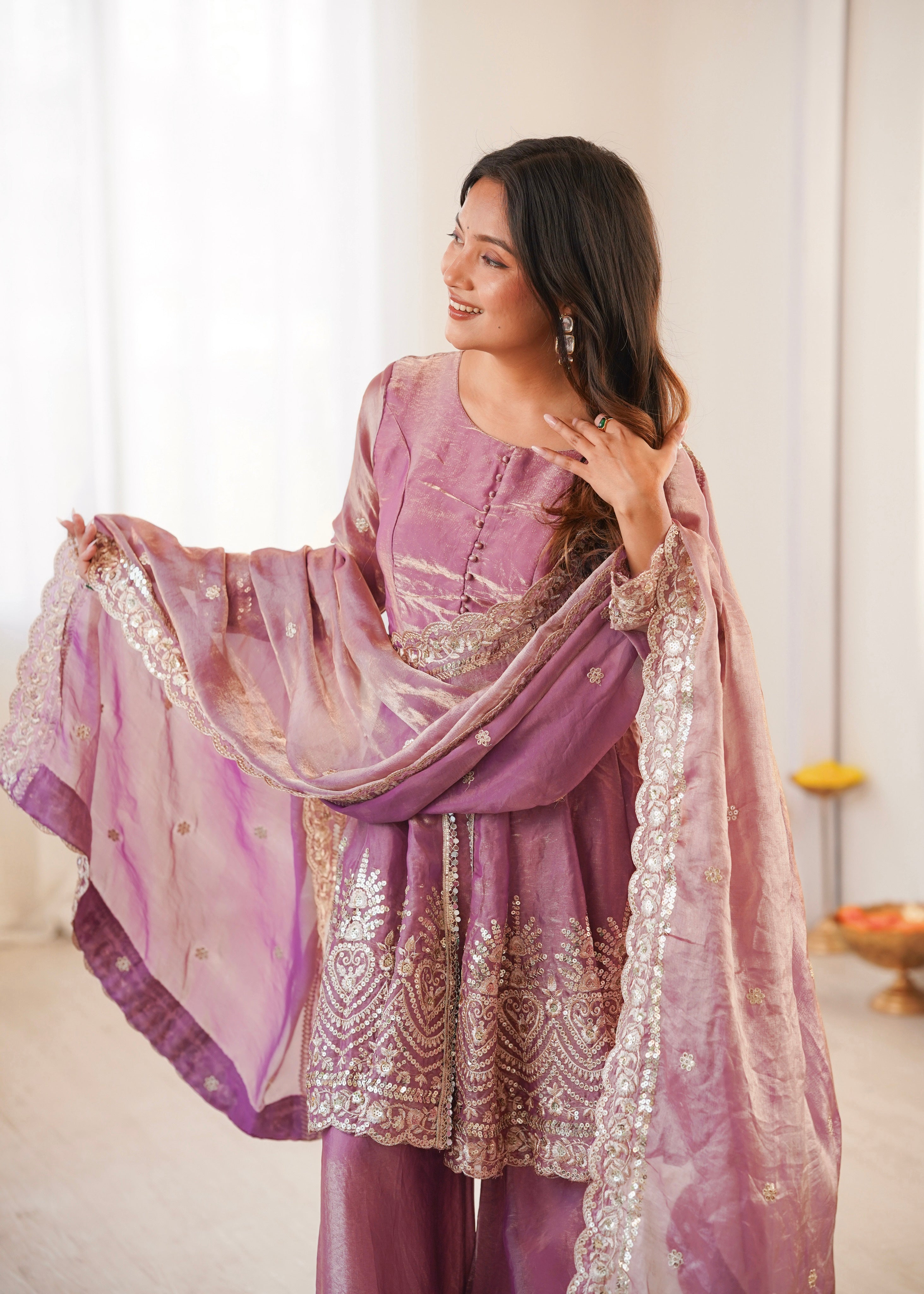 Women's Embroidered Palazzo Salwar Suit Set with Dupatta, Fendy Satin Silk, Sequin and Pearl Work, 3 Piece Ethnic Wear