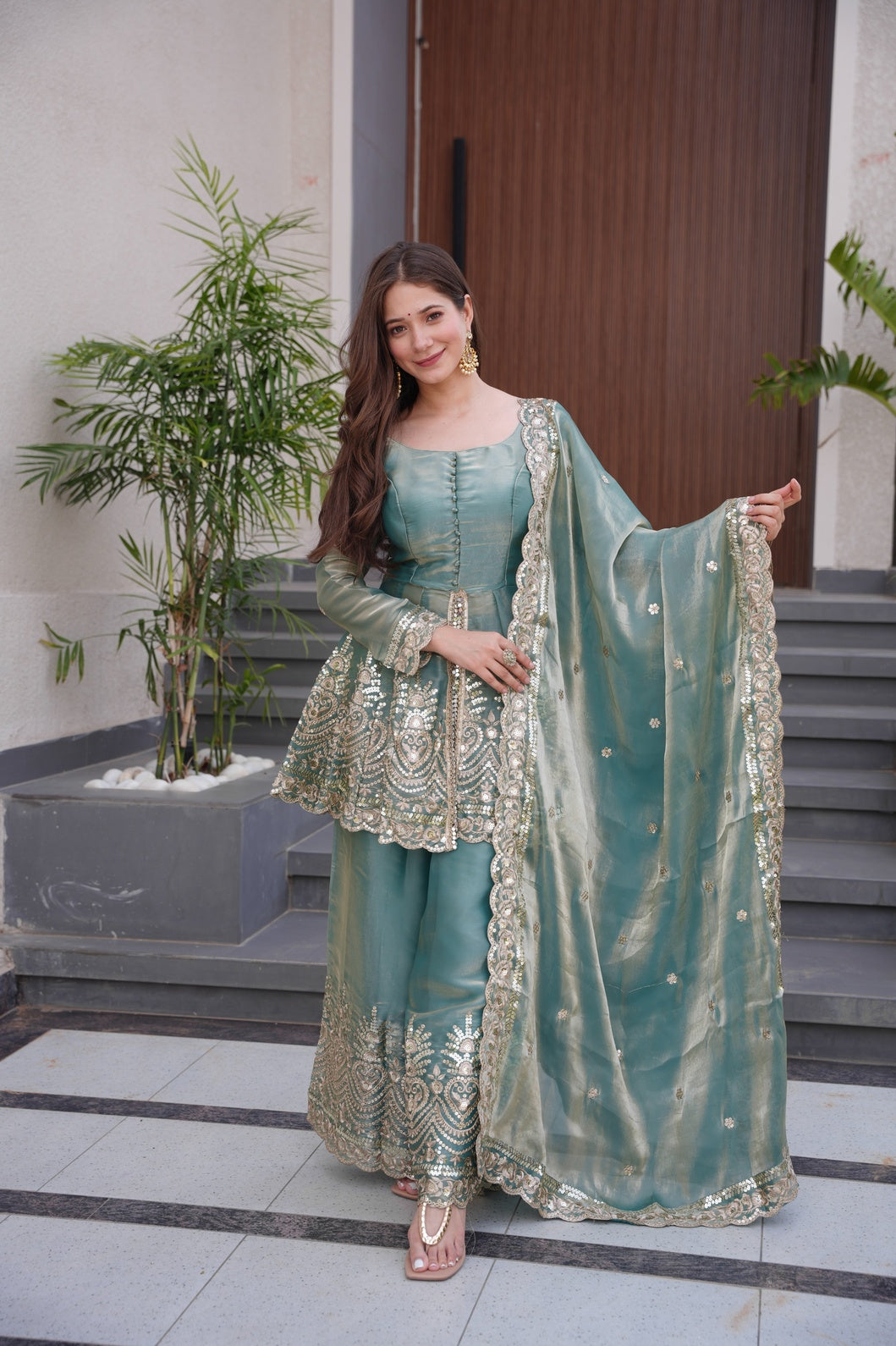 Women's Embroidered Palazzo Salwar Suit Set with Dupatta, Fendy Satin Silk, Sequin and Pearl Work, 3 Piece Ethnic Wear