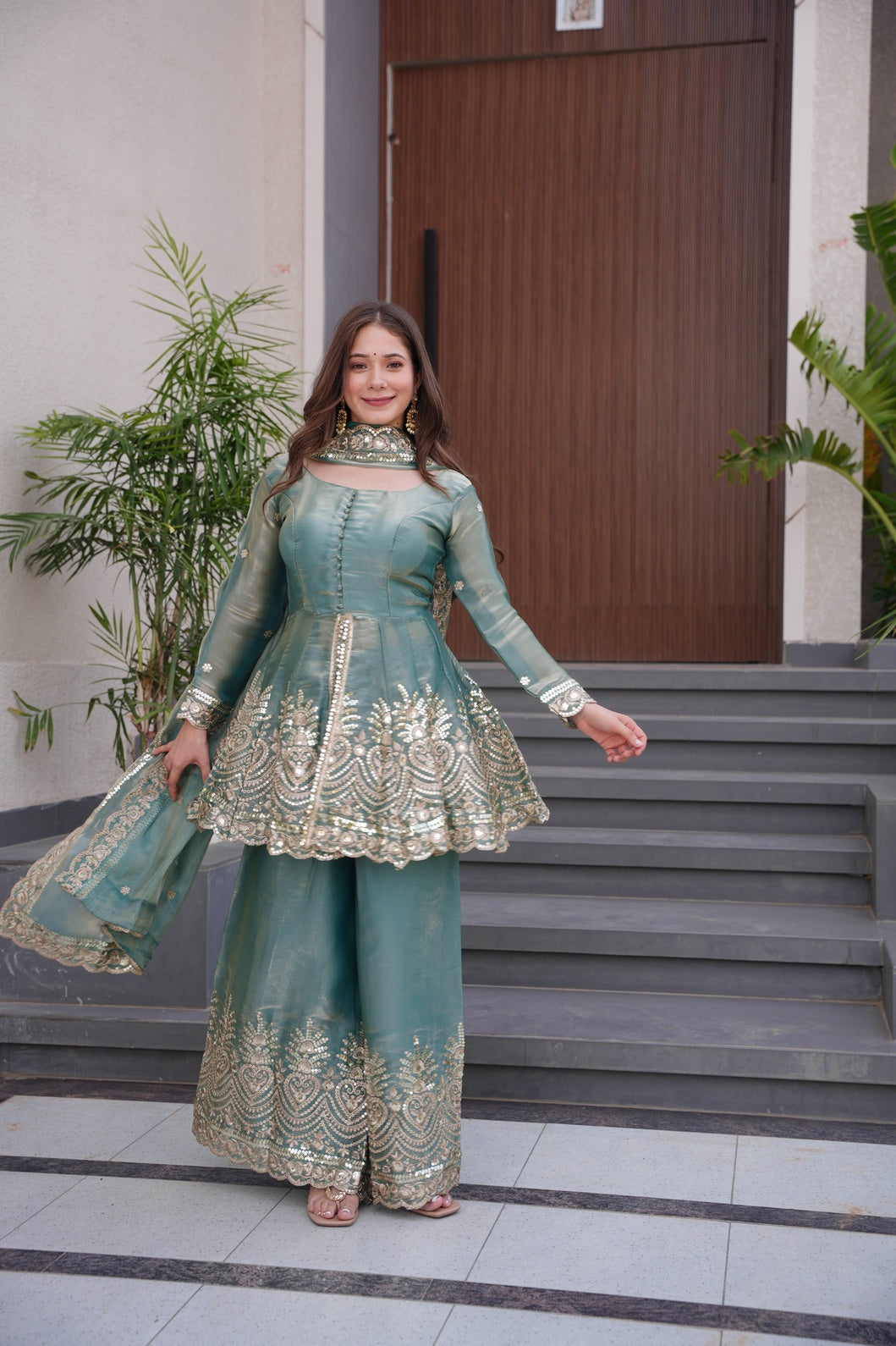 Women's Embroidered Palazzo Salwar Suit Set with Dupatta, Fendy Satin Silk, Sequin and Pearl Work, 3 Piece Ethnic Wear