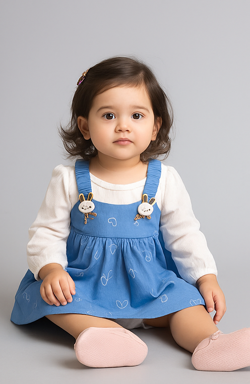 Cute Baby Girl Frock ā Denim Blue Overall Style with Bunny Straps & Cream Top