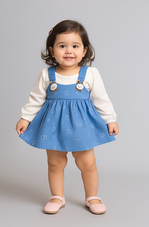 Cute Baby Girl Frock – Denim Blue Overall Style with Bunny Straps & Cream Top