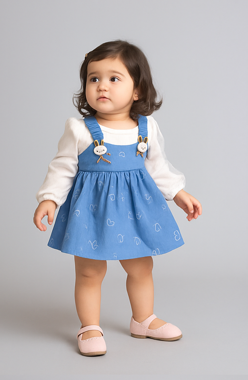 Cute Baby Girl Frock ā Denim Blue Overall Style with Bunny Straps & Cream Top