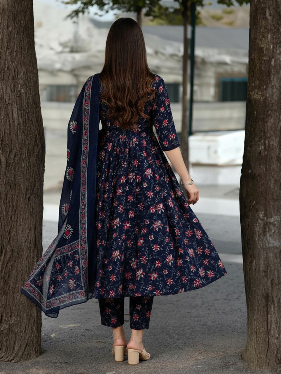 Women’s Navy Blue Floral Printed Kurta Set with Pant & Dupatta | Elegant Ethnic Wear | 3/4 Sleeve A-Line Kurti | Soft Fabric Daily Wear & Festive Outfit for Women
