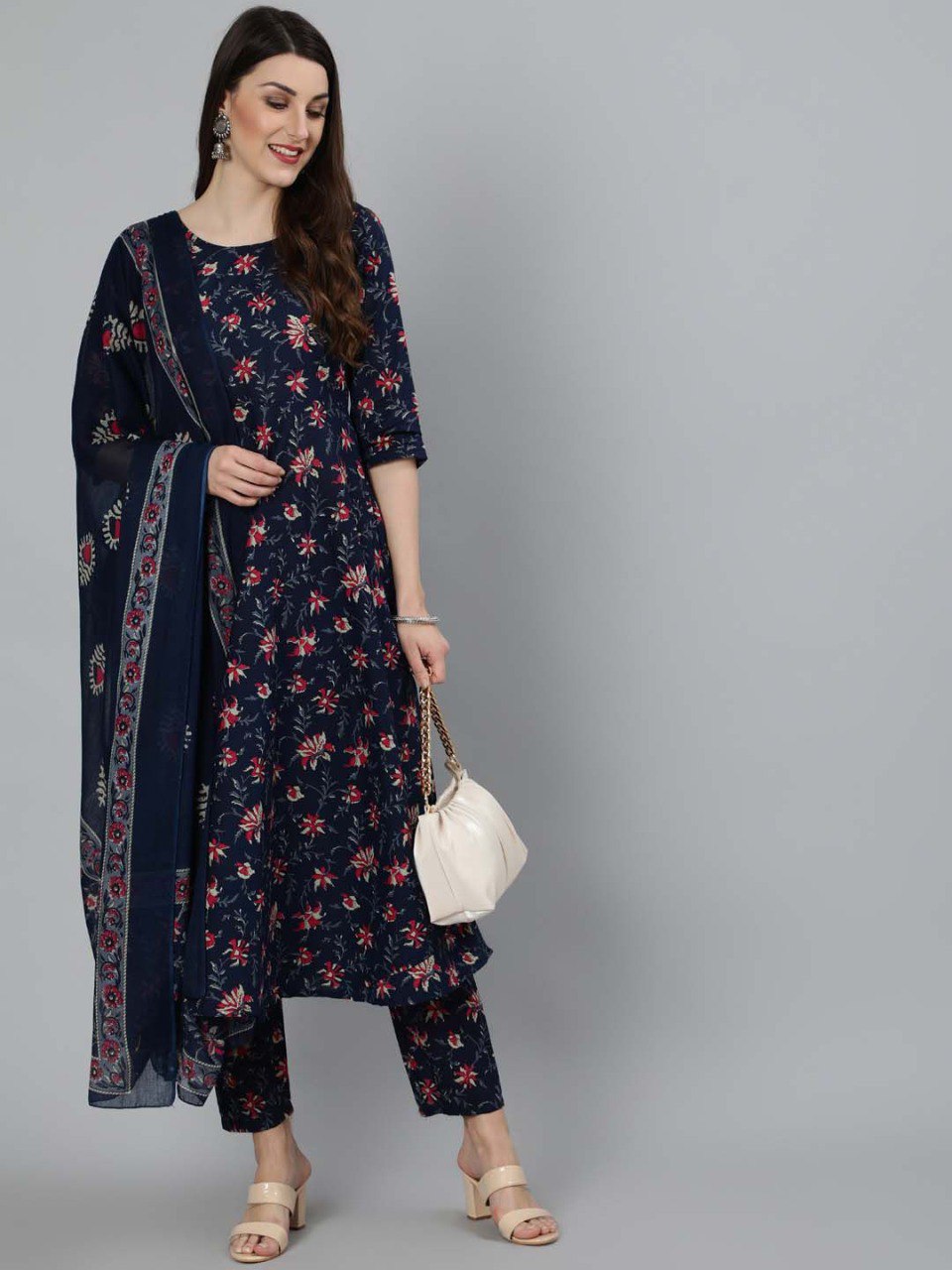 Women’s Navy Blue Floral Printed Kurta Set with Pant & Dupatta | Elegant Ethnic Wear | 3/4 Sleeve A-Line Kurti | Soft Fabric Daily Wear & Festive Outfit for Women