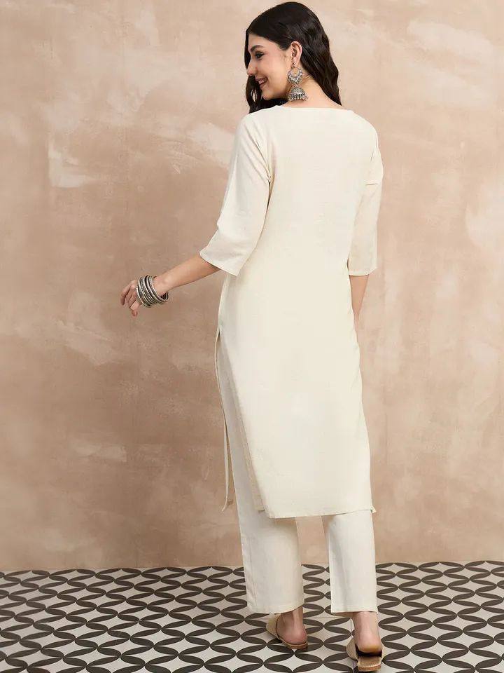 Women's Off-White Cotton Flex Embroidered Kurta Set