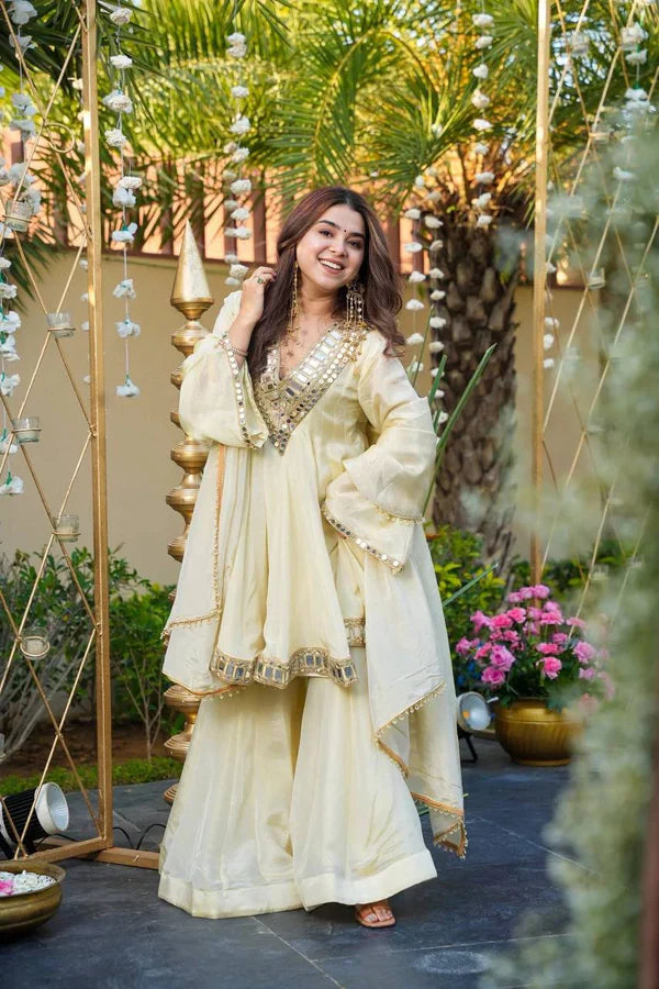 Cosmos Gold Jari Silk Sharara Set