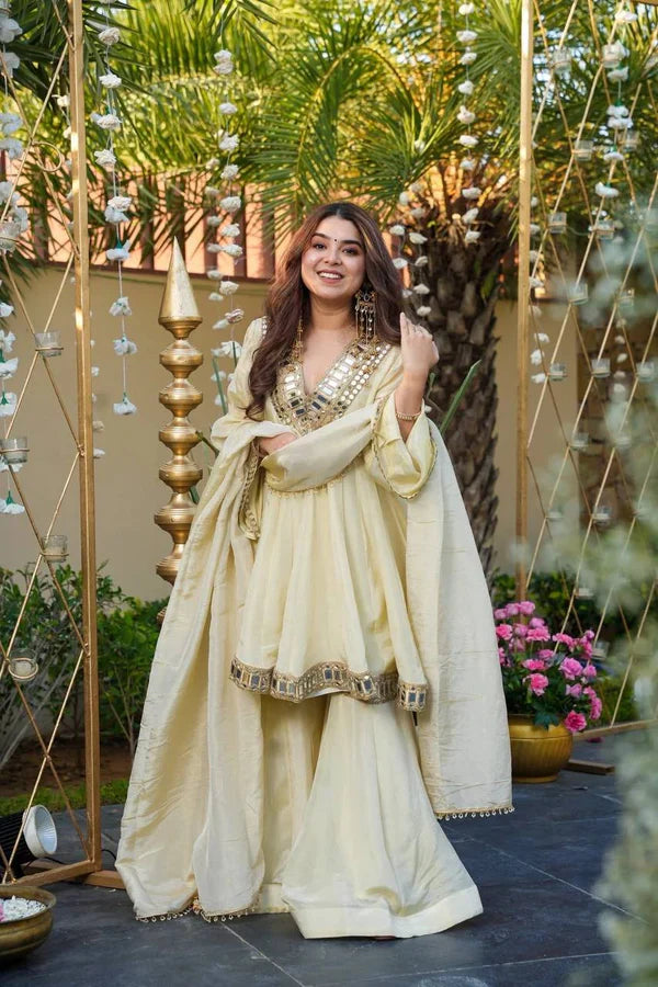 Cosmos Gold Jari Silk Sharara Set