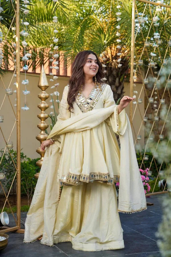Cosmos Gold Jari Silk Sharara Set