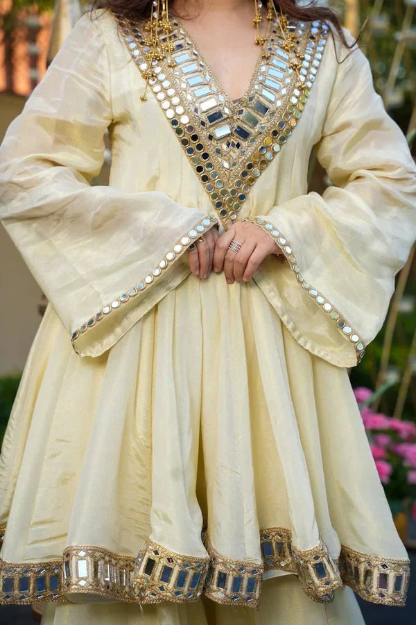 Cosmos Gold Jari Silk Sharara Set