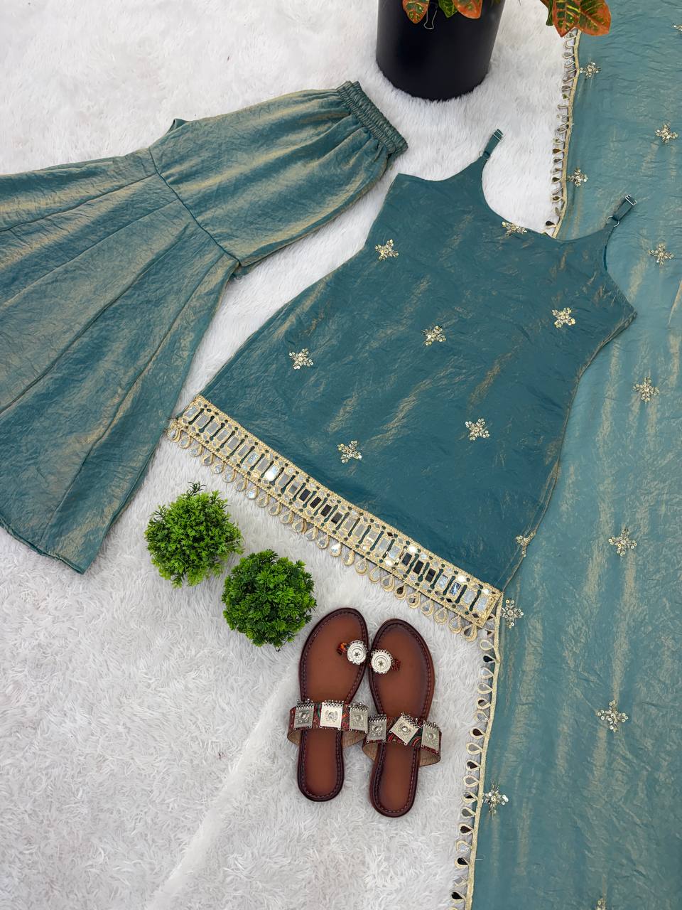 Elegant Fendy Silk Sharara Set with Real Mirror Work