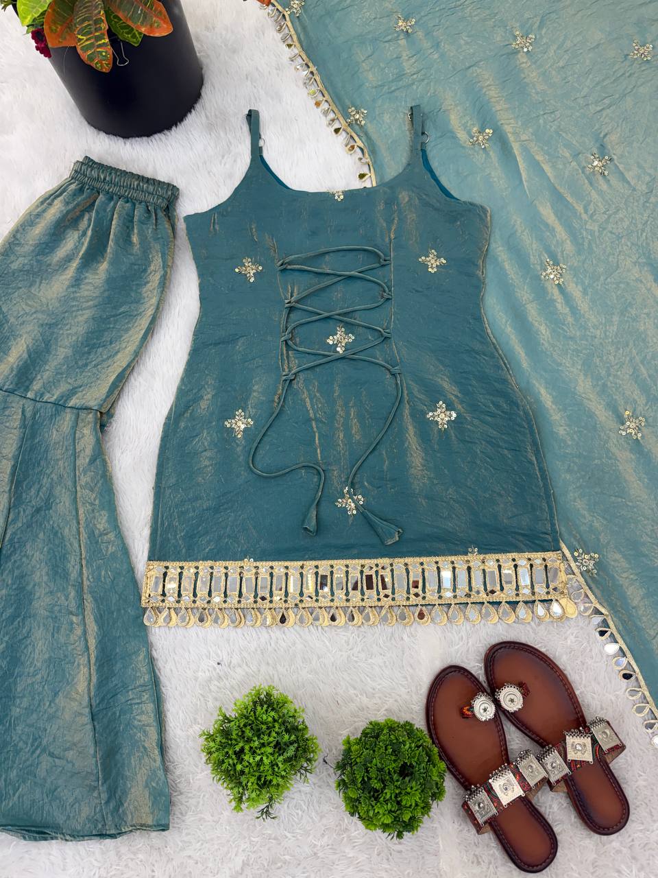 Elegant Fendy Silk Sharara Set with Real Mirror Work