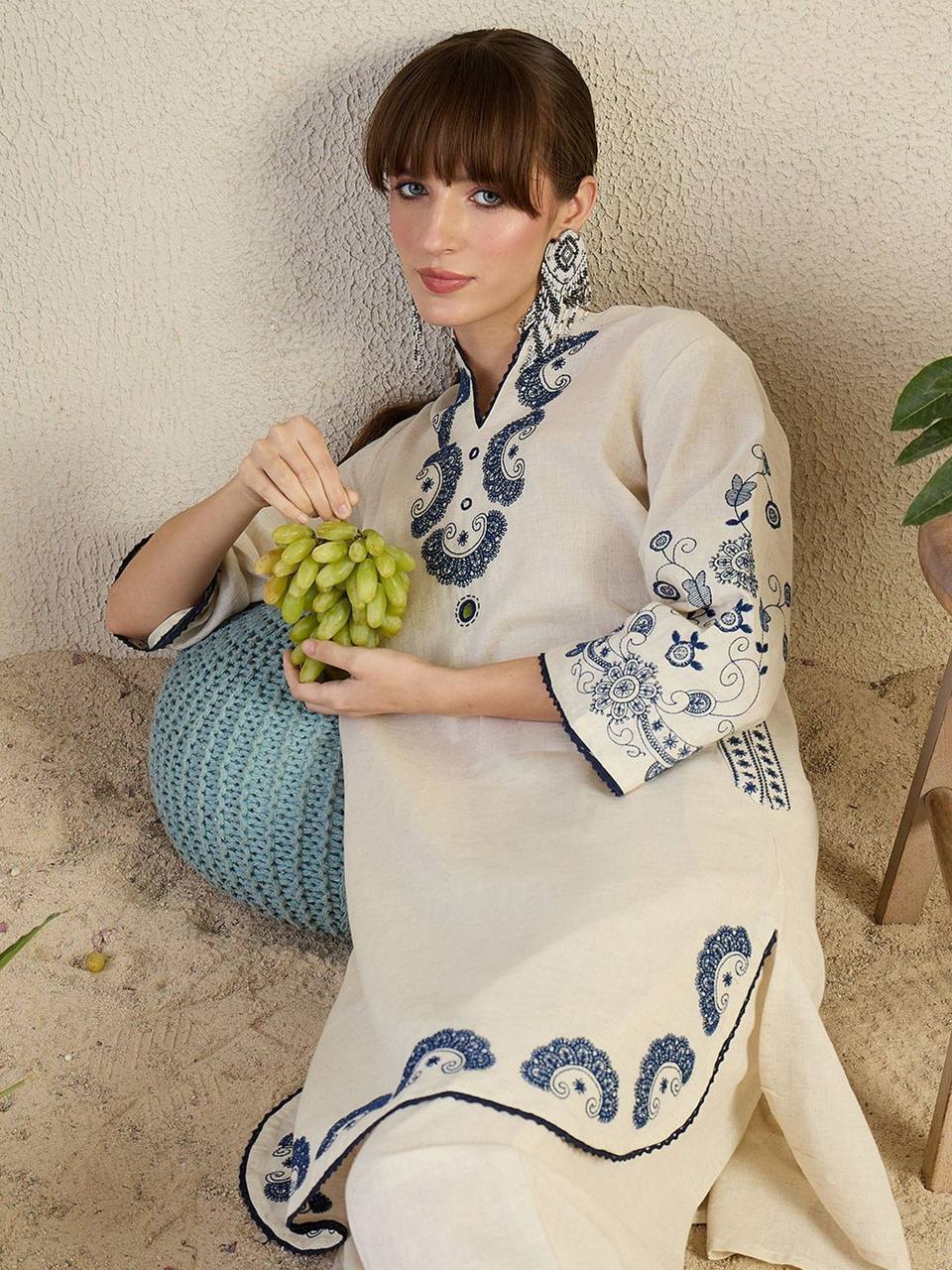 Women's Embroidered Kurta Set with Pants, Off-White with Blue Paisley Design, Cotton Blend, Traditional Indian Ethnic Wear