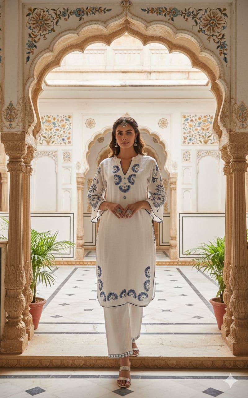 Women's Embroidered Kurta Set with Pants, Off-White with Blue Paisley Design, Cotton Blend, Traditional Indian Ethnic Wear
