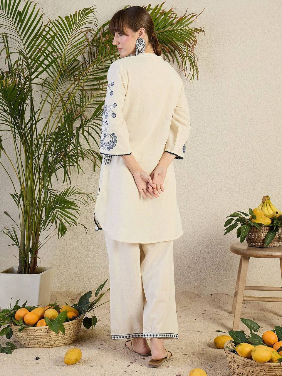 Women's Embroidered Kurta Set with Pants, Off-White with Blue Paisley Design, Cotton Blend, Traditional Indian Ethnic Wear