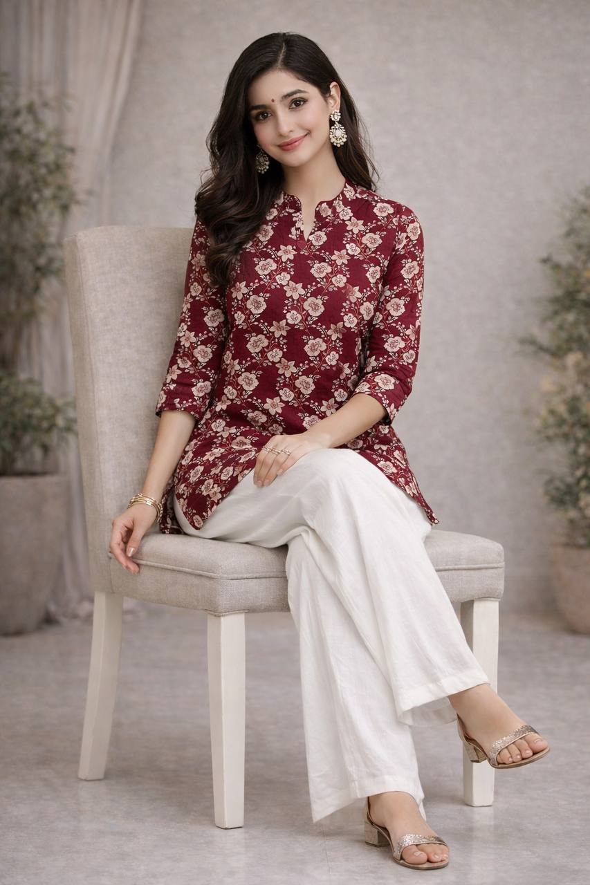 Women’s Maroon Floral Printed Kurti with white Palazzo Set | Elegant Ethnic Co-Ord Set for Women | Casual & Festive Wear