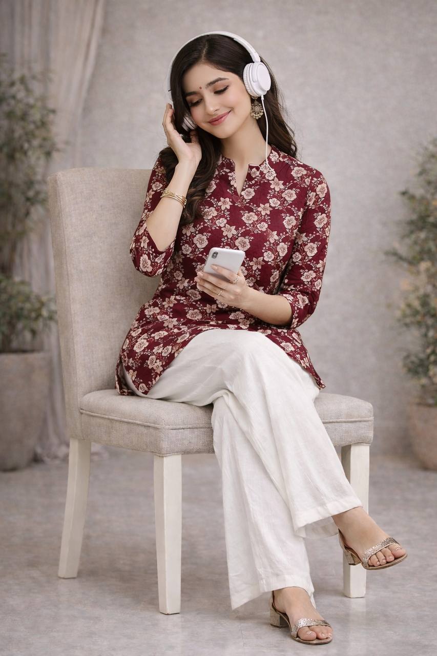 Women’s Maroon Floral Printed Kurti with white Palazzo Set | Elegant Ethnic Co-Ord Set for Women | Casual & Festive Wear