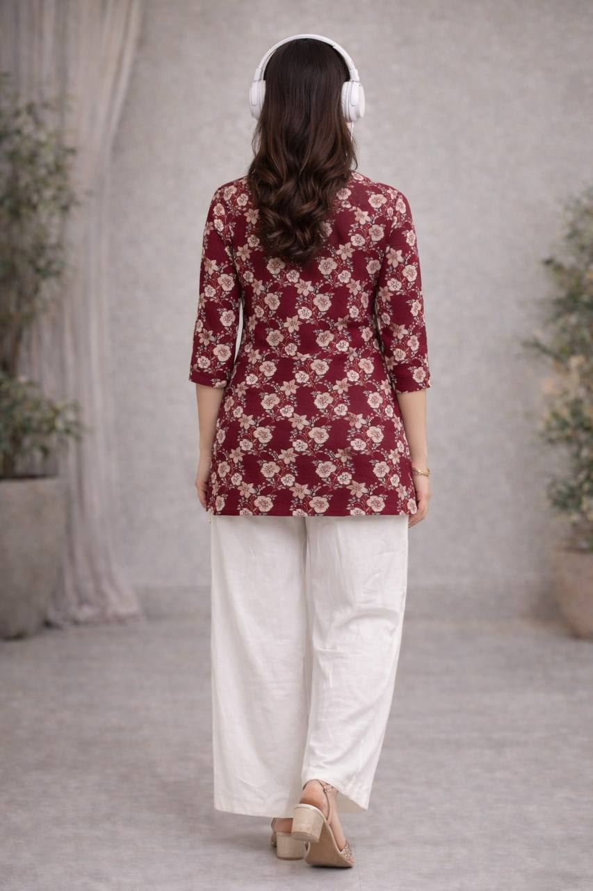 Women’s Maroon Floral Printed Kurti with white Palazzo Set | Elegant Ethnic Co-Ord Set for Women | Casual & Festive Wear