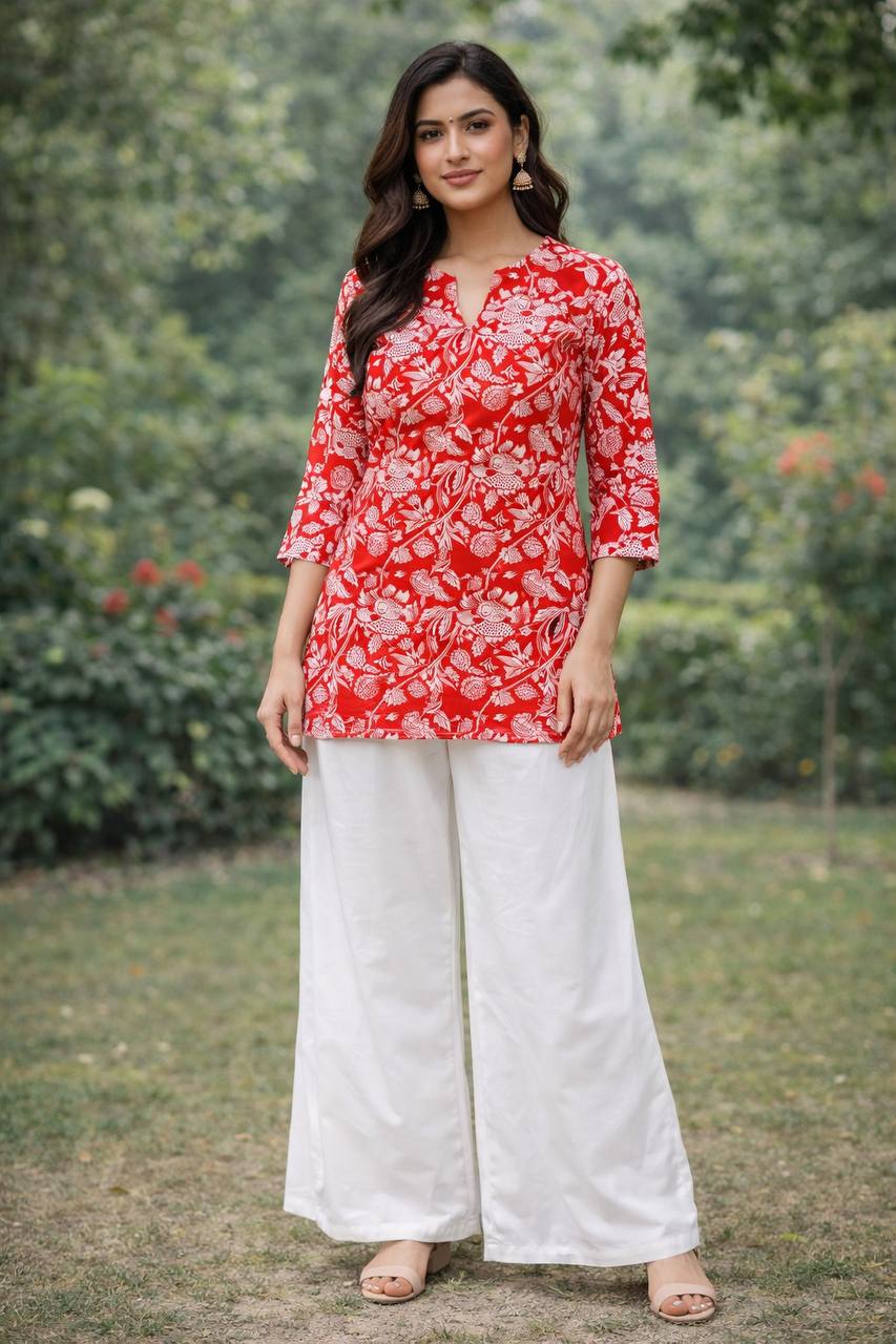 Red kurta with white floral print