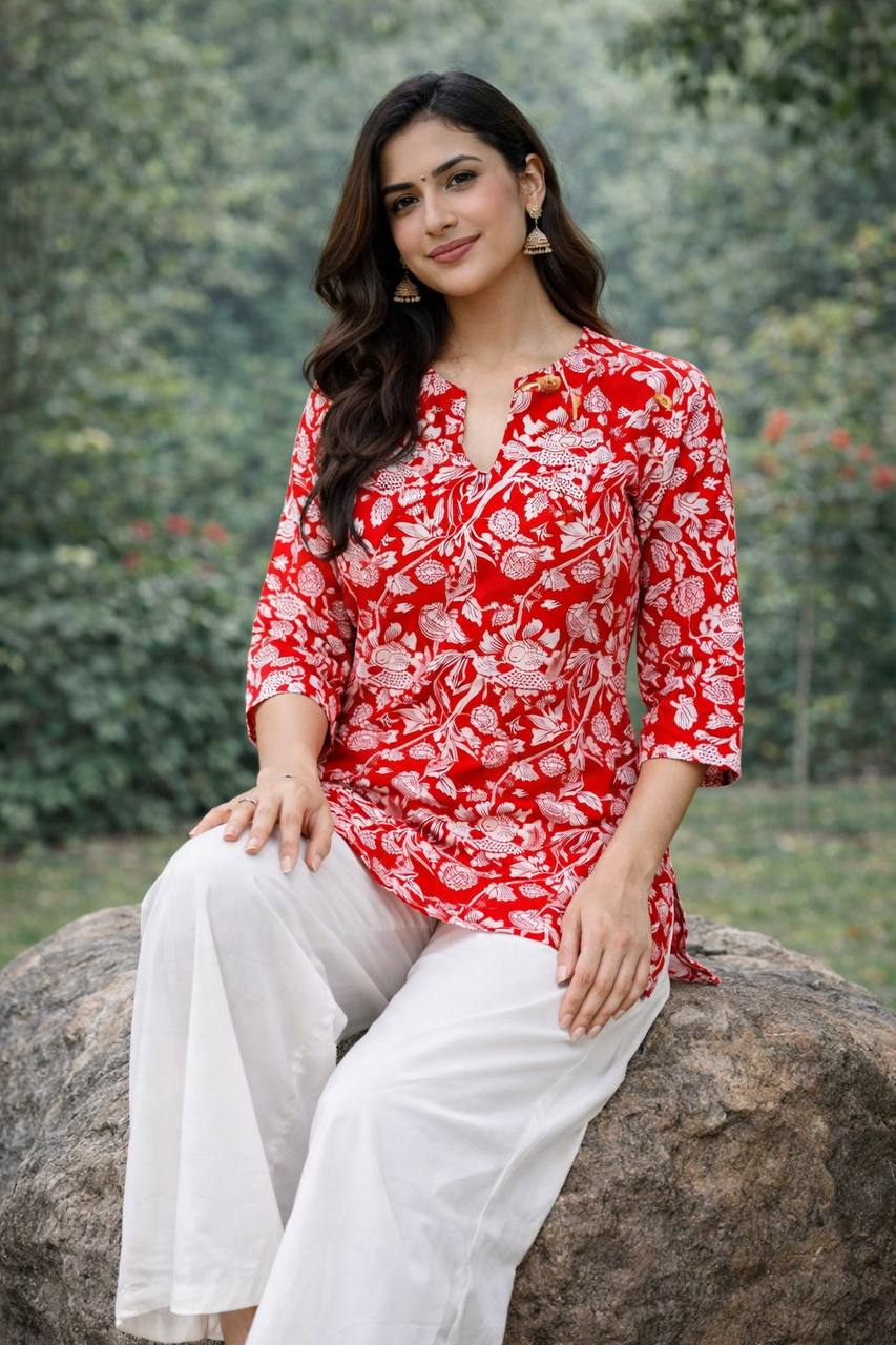 Red kurta with white floral print