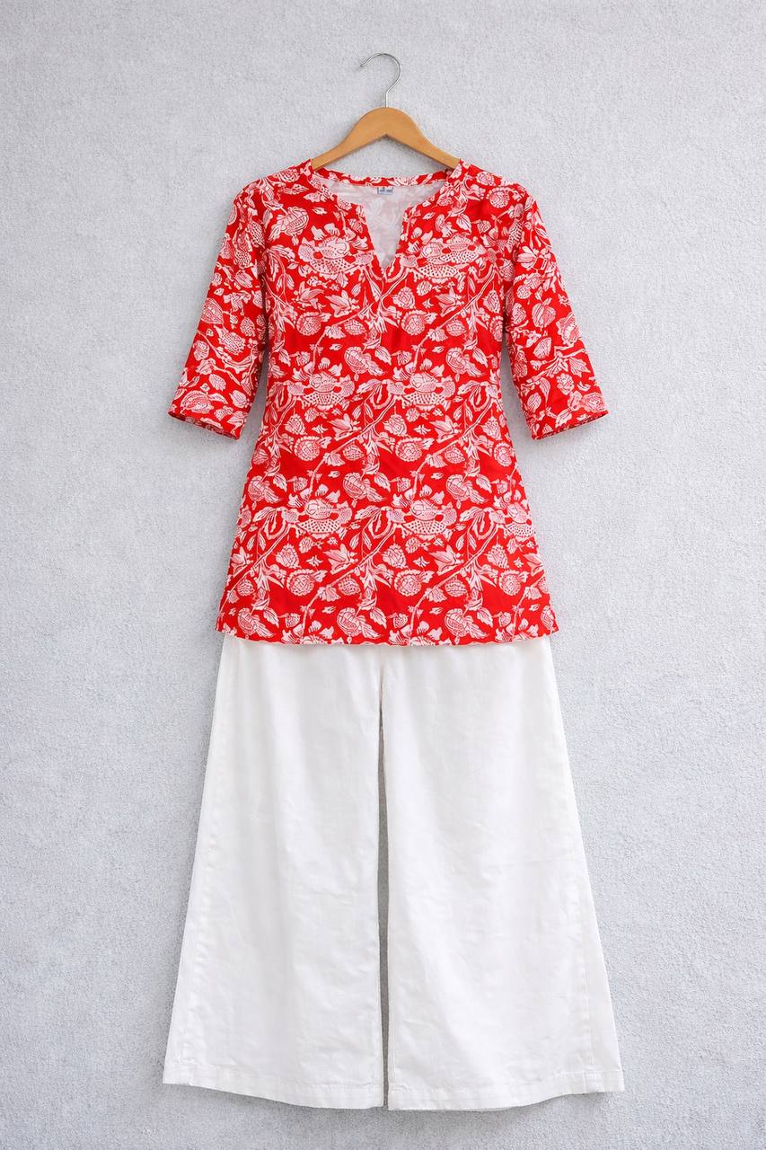 Red kurta with white floral print