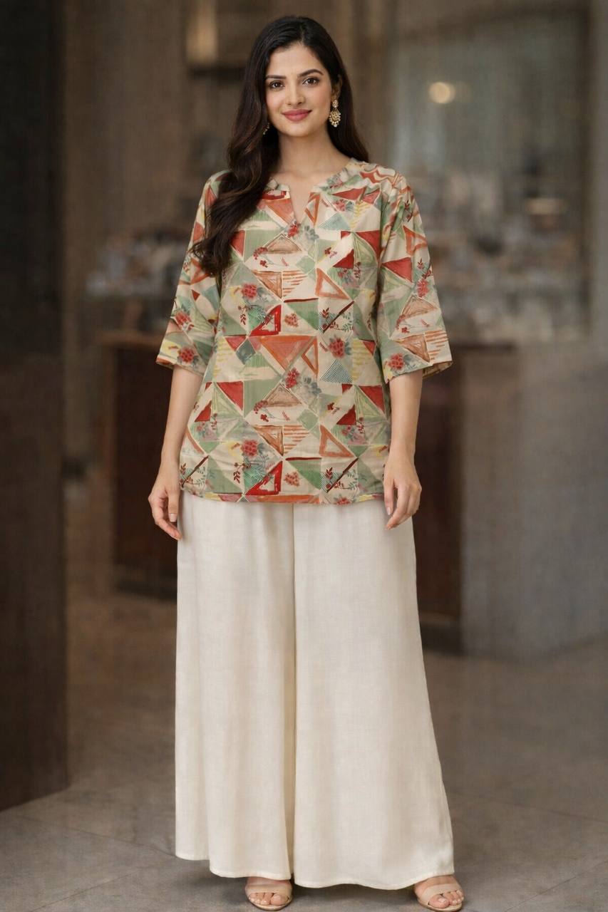GeoCharm Multicolor Geometric Printed Top with Cream Wide-Leg Pants – Modern Casual Comfort