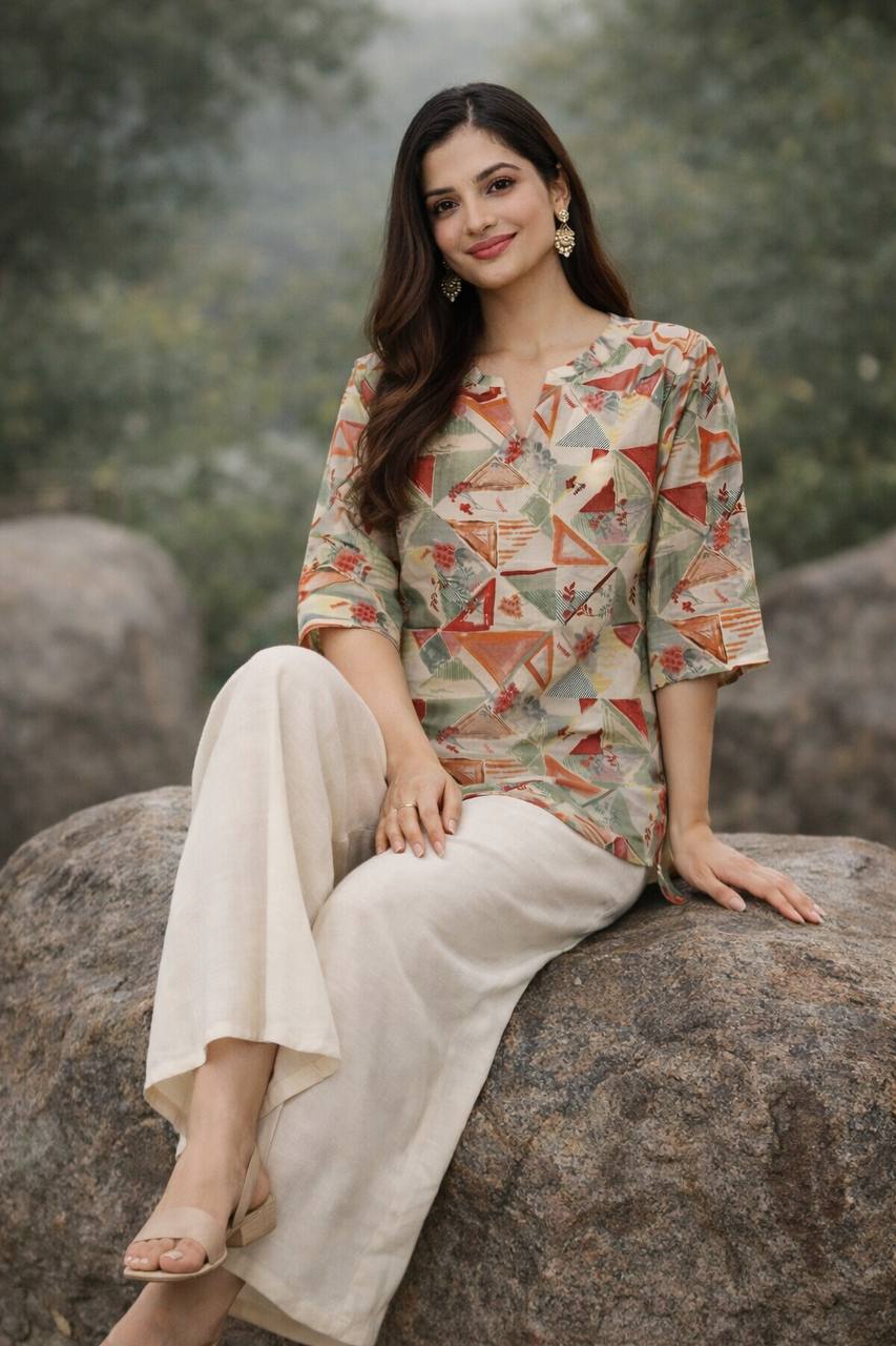 GeoCharm Multicolor Geometric Printed Top with Cream Wide-Leg Pants – Modern Casual Comfort