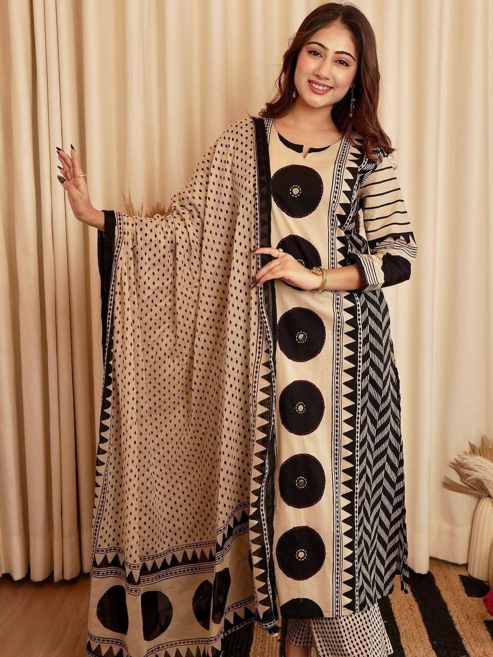 Women’s Stylish Beige & Black Printed Kurta Set with Dupatta | Designer Ethnic Wear for Women