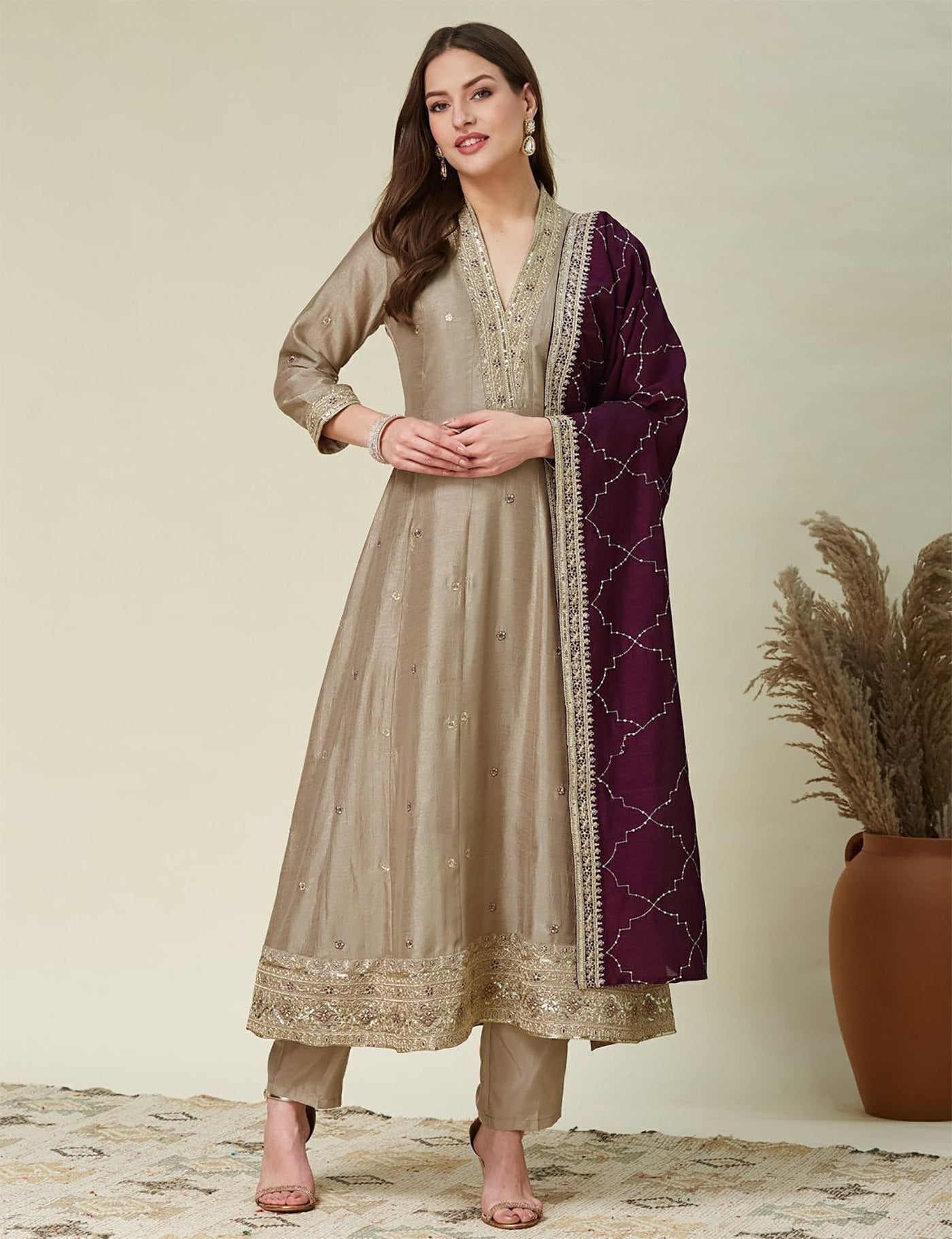 Women Ethnic Motifs Embroidered Regular Thread Work Kurta with Trousers & With Dupatta