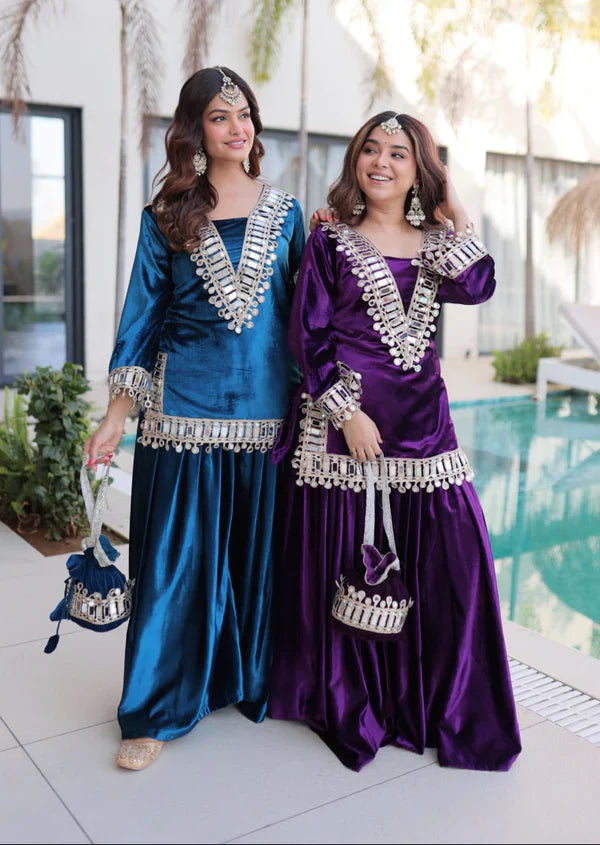 Luxury Blue & Purple Velvet Sharara Set with Zari & Mirror Work