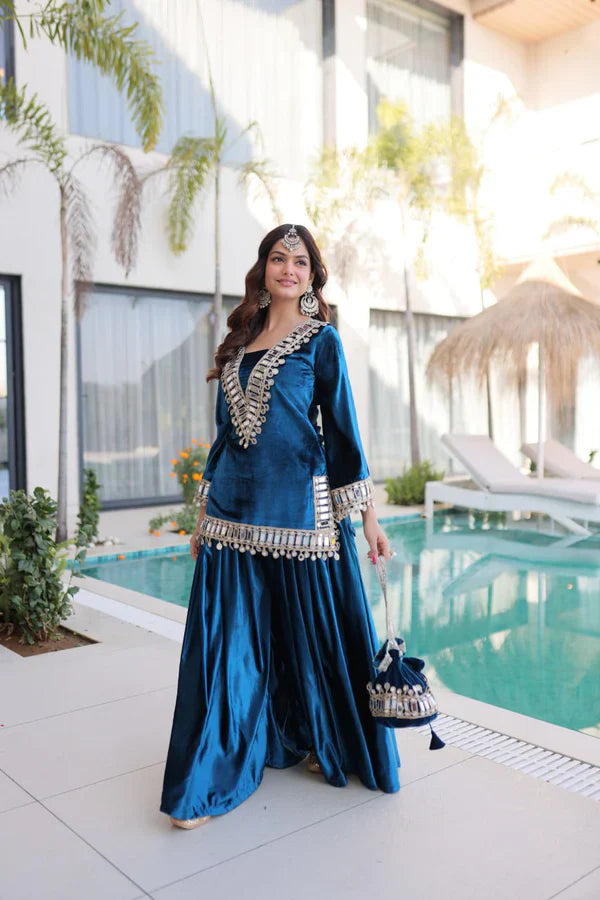 Luxury Blue & Purple Velvet Sharara Set with Zari & Mirror Work
