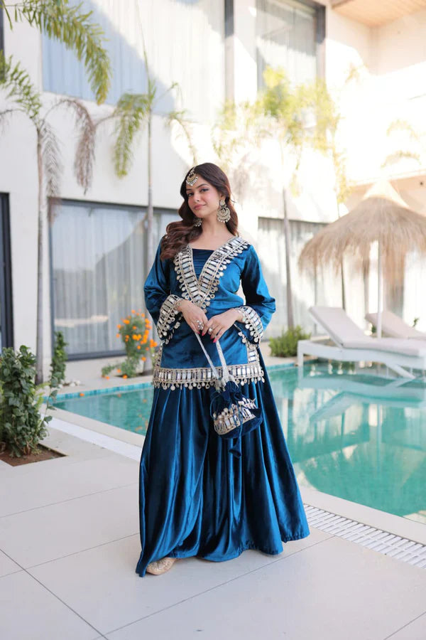 Luxury Blue & Purple Velvet Sharara Set with Zari & Mirror Work
