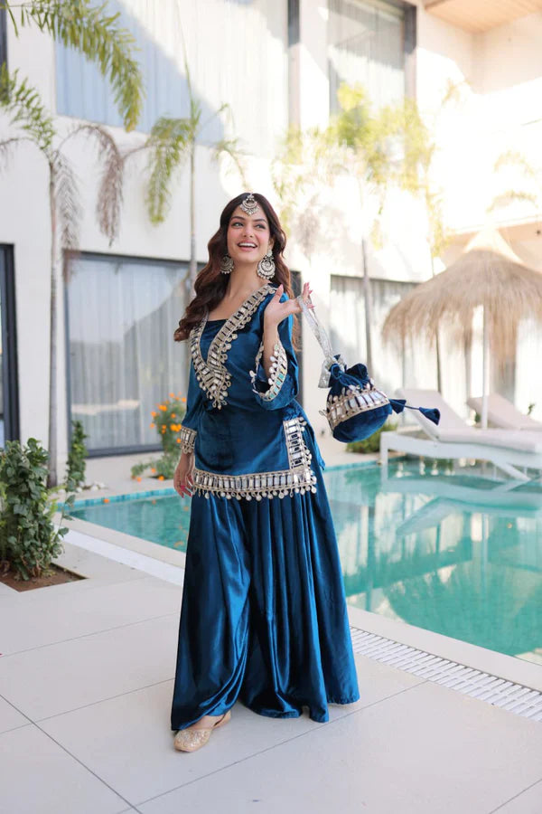 Luxury Blue & Purple Velvet Sharara Set with Zari & Mirror Work